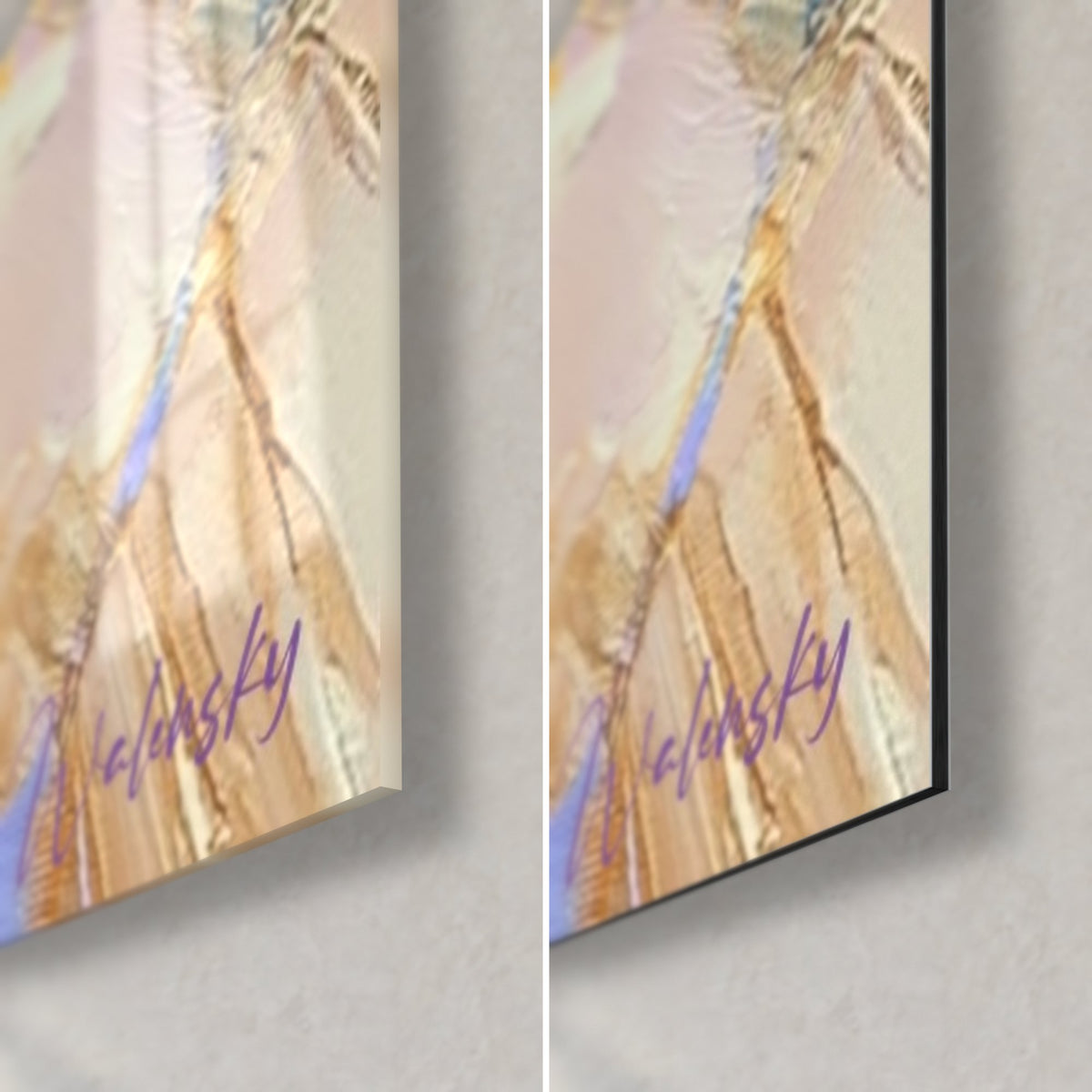 Wall art of a cricketer in white and mauve, bottom right corner: glossy glass on the left, matte Dibond on the right, 3 mm edge