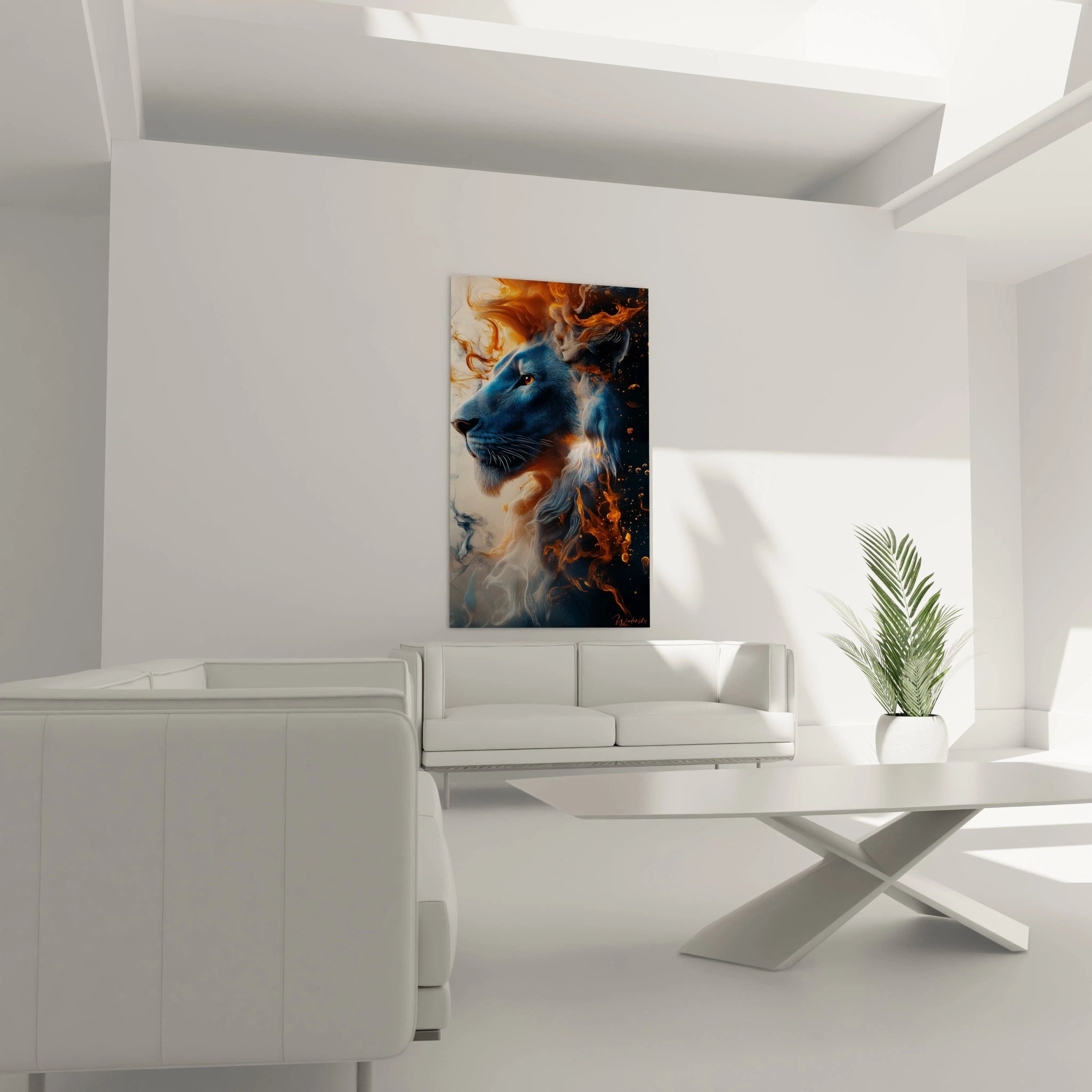 Un tableau lion surréaliste représentant une tête de félin bleu royal en profil, fusionnant avec des courants orangés et des volutes blanches, créant des textures ondulantes qui évoquent un univers entre réalité et abstraction.
