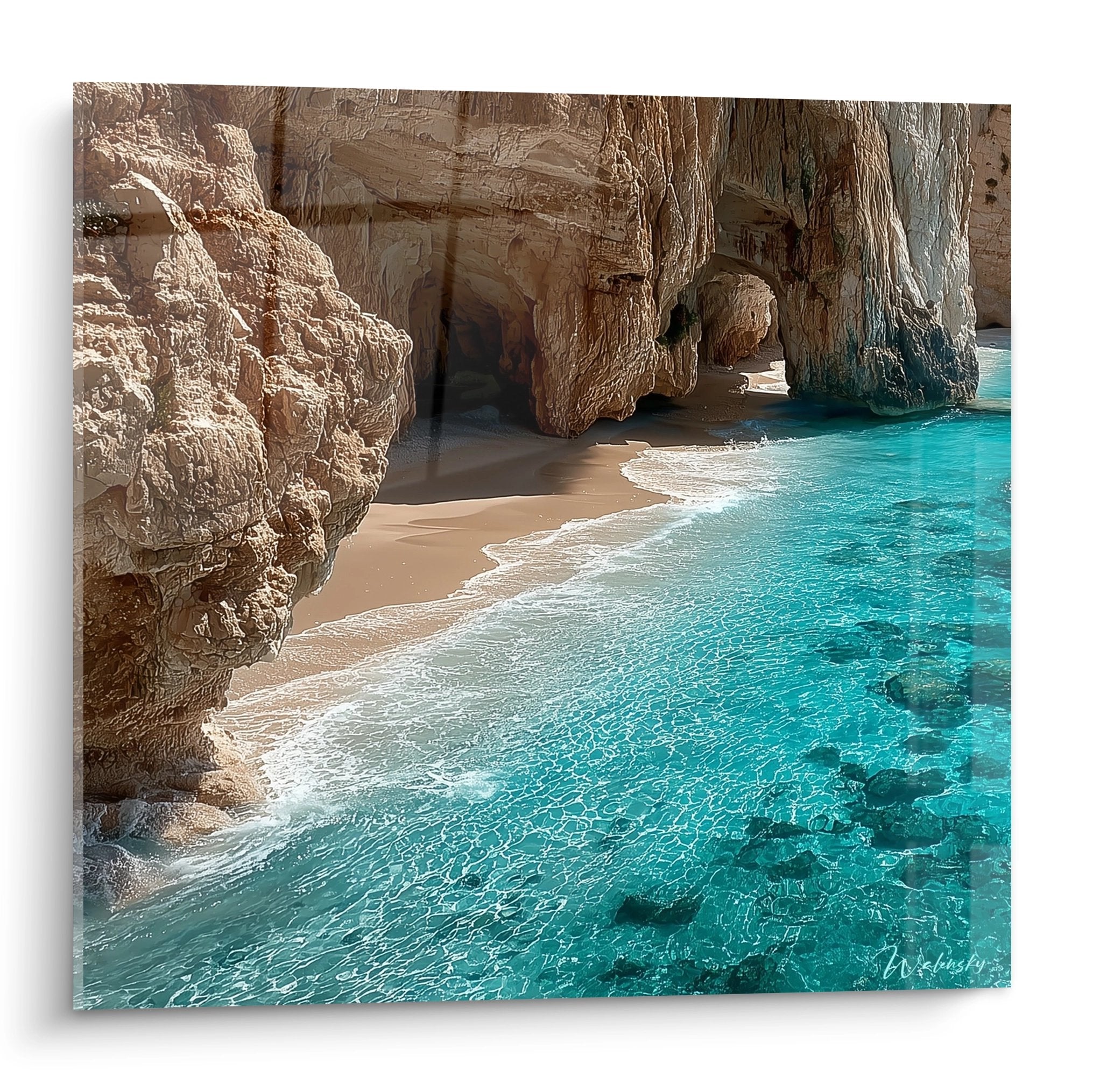 Tableau mural crique méditerranéenne eaux turquoise falaises calcaire décoration plage moderne