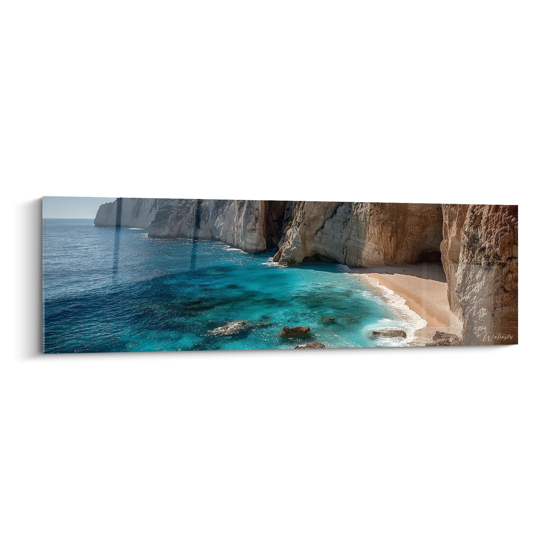 Tableau mural crique méditerranéenne eaux turquoise falaises calcaires plage paradisiaque décoration marine