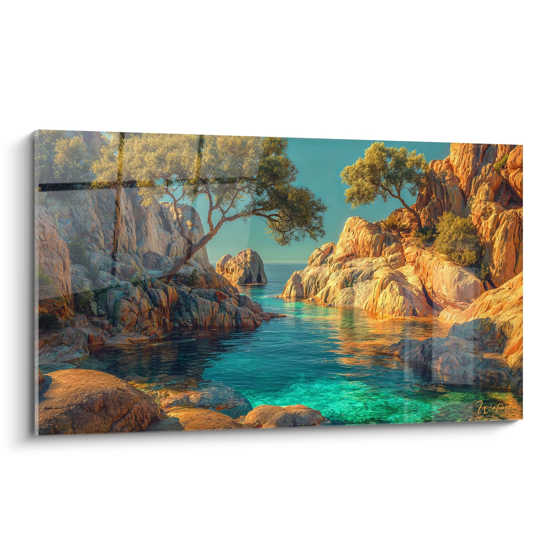 Tableau mural crique méditerranéenne eaux turquoise rochers dorés arbre végétation bord de mer