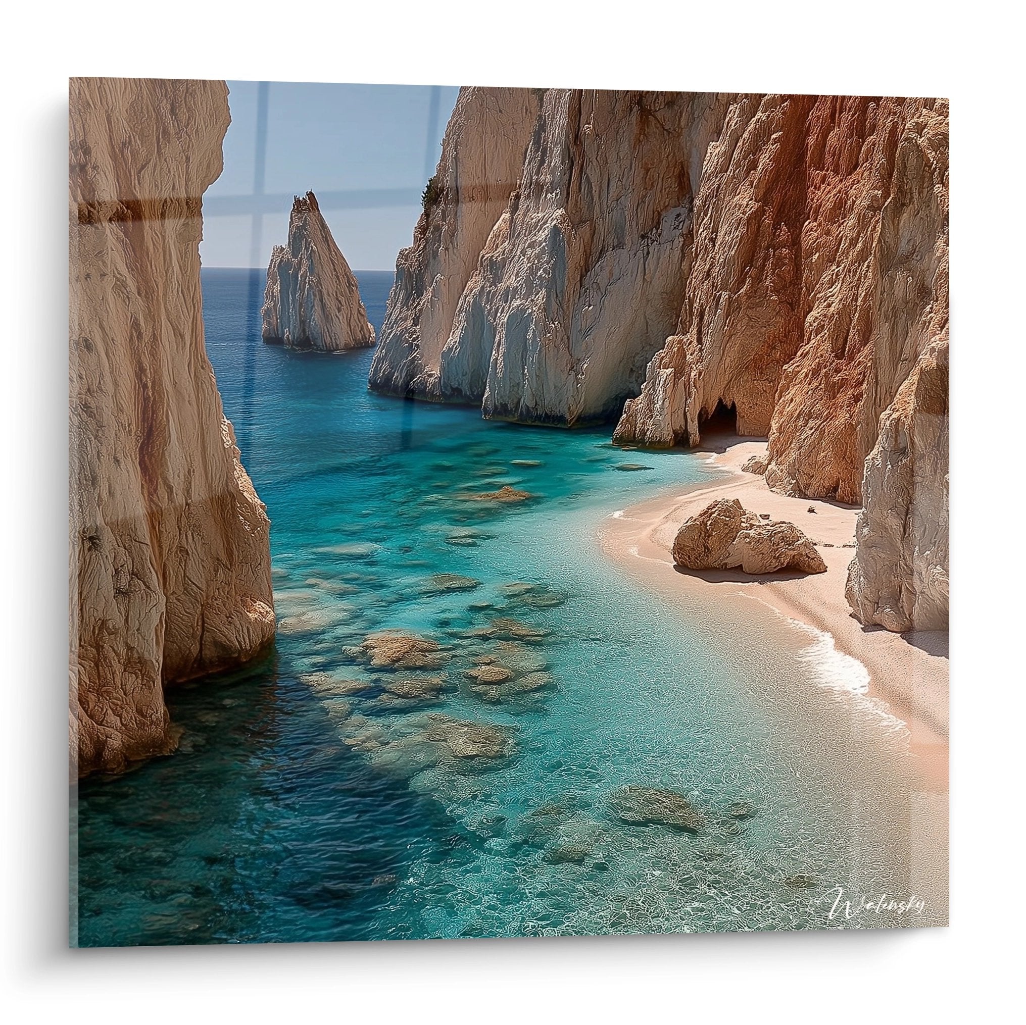 Tableau mural crique méditerranéenne falaises blanches eaux turquoise plage sable doré Grèce décoration marine