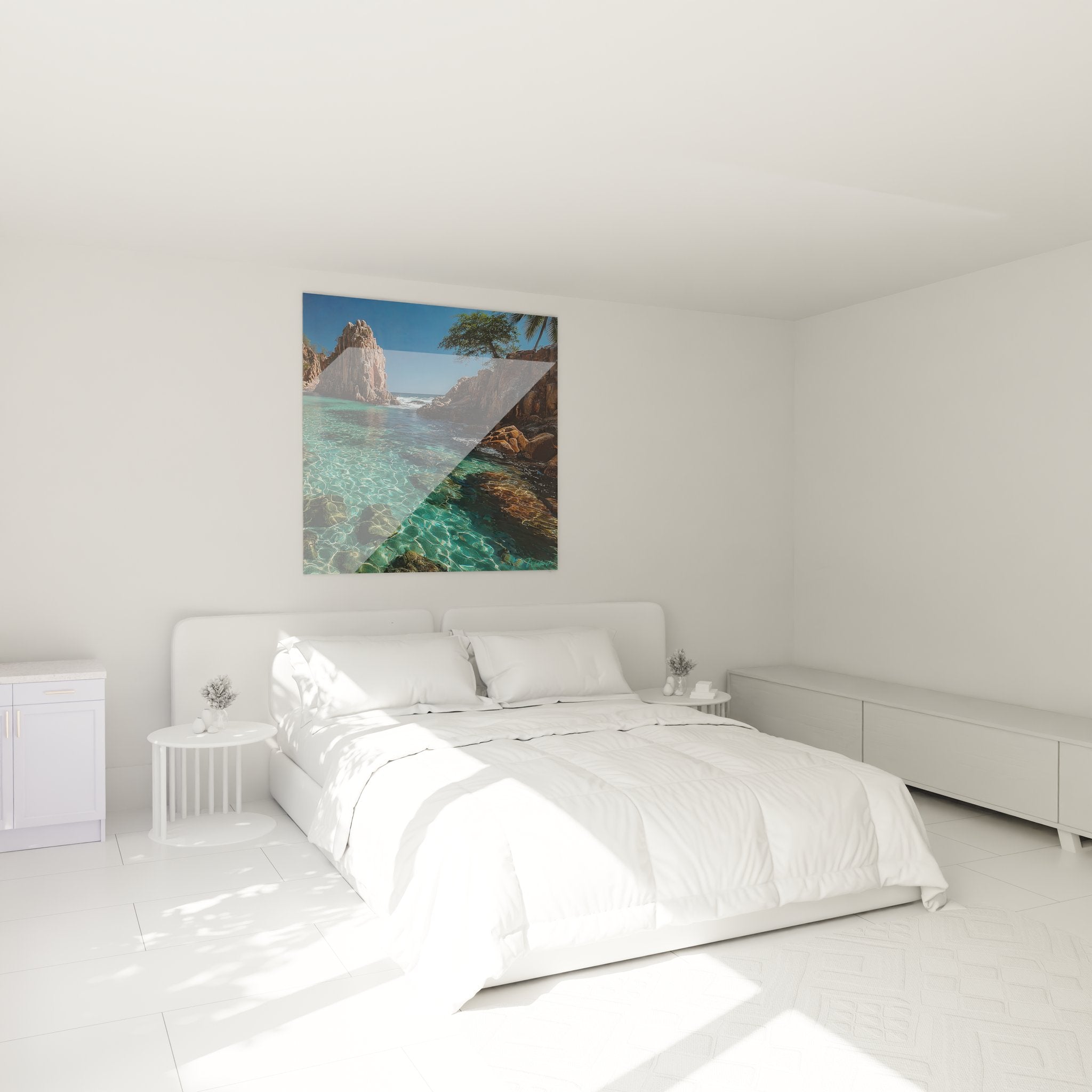 Tableau crique tropicale ambiance chambre décoration murale plage eaux cristallines rochers