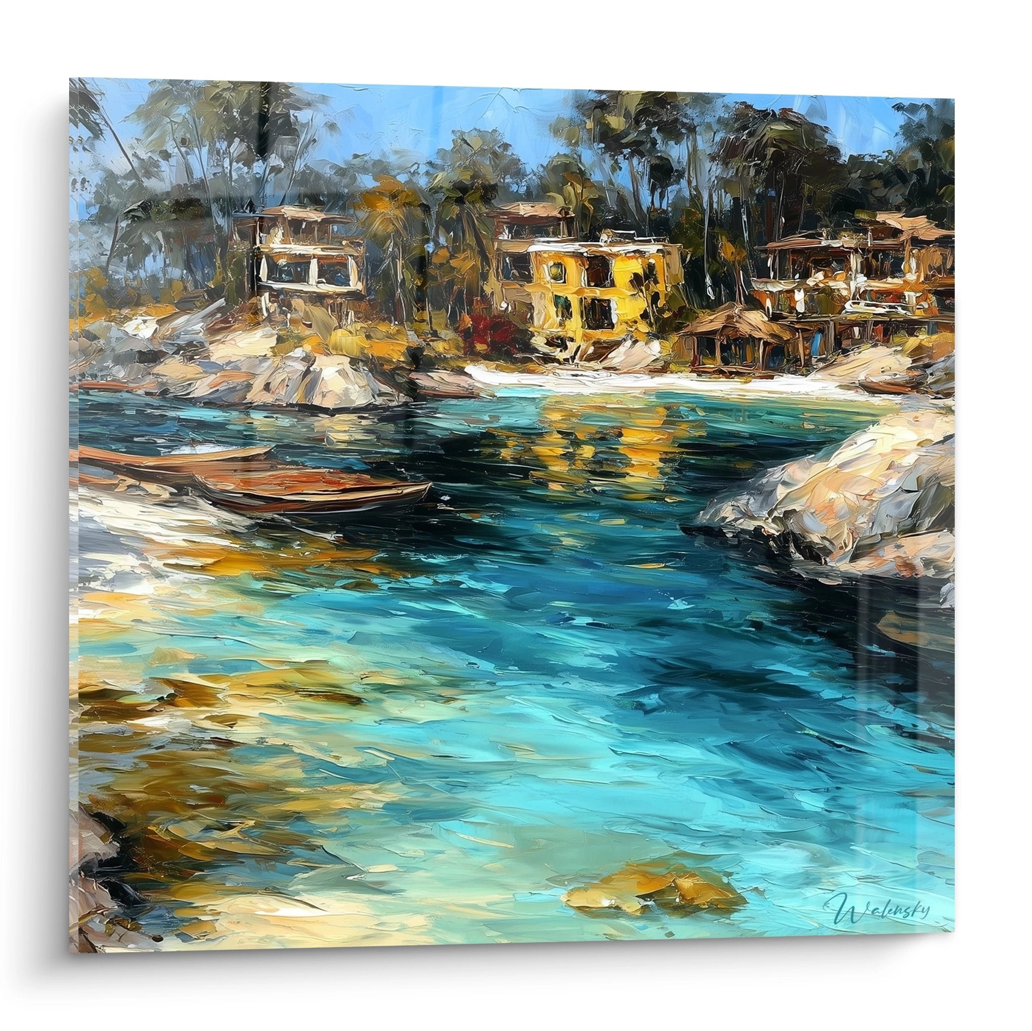 Tableau mural crique tropicale avec eaux turquoise, barque traditionnelle et village côtier exotique
