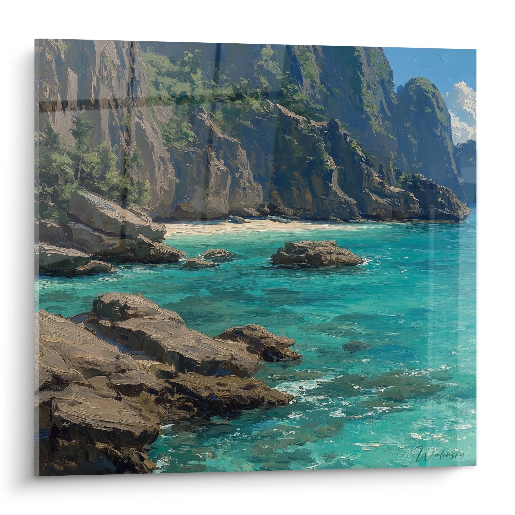 Tableau crique tropicale eaux turquoise falaises calcaires végétation luxuriante art mural plage déco marine