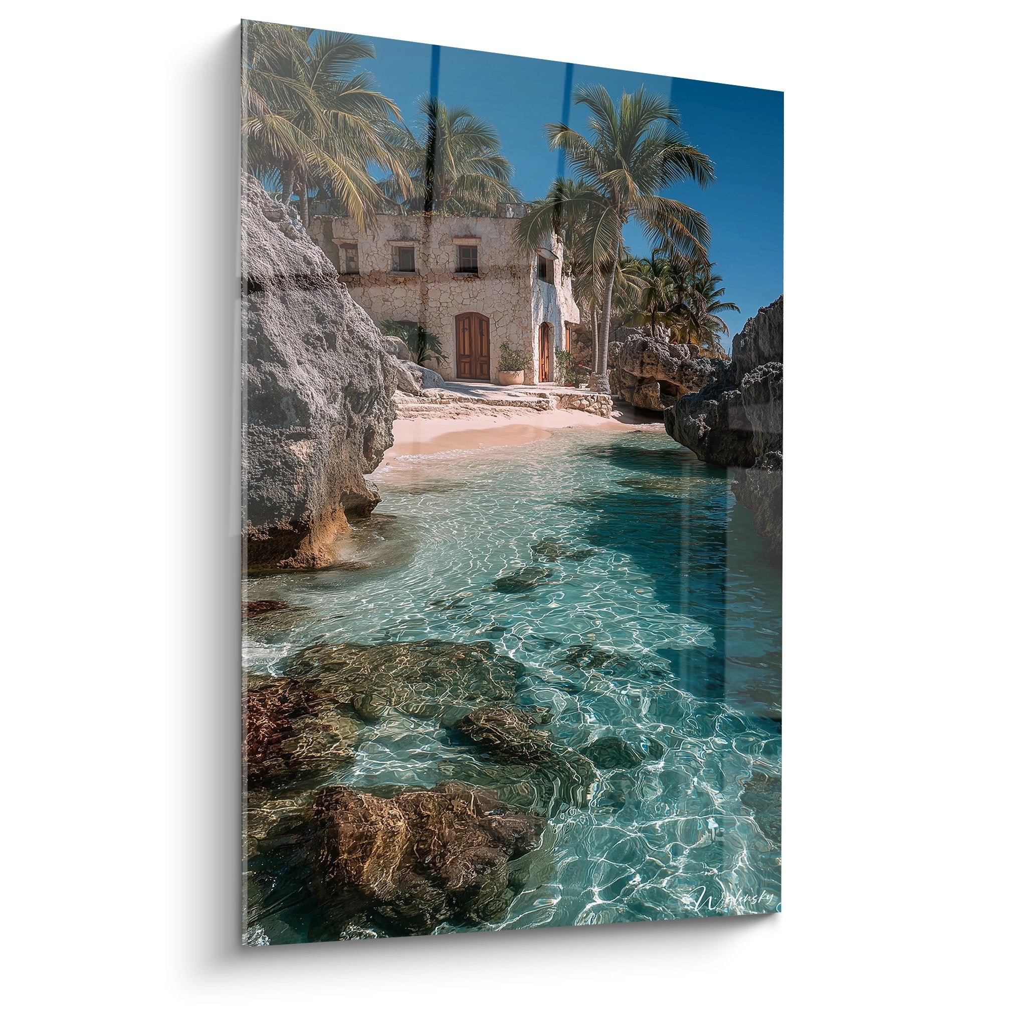 Tableau mural crique tropicale eaux turquoise palmiers architecture méditerranéenne plage paradis secret