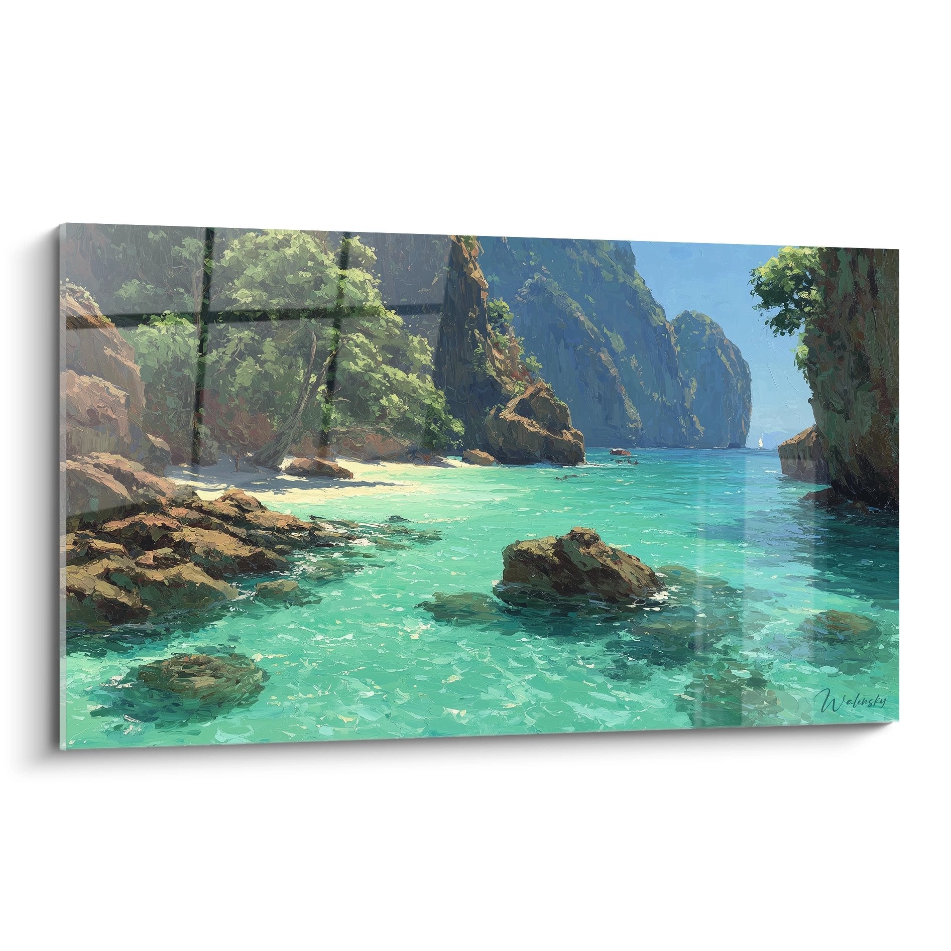 Tableau mural crique tropicale aux eaux turquoise avec falaises et végétation luxuriante, art décoratif plage