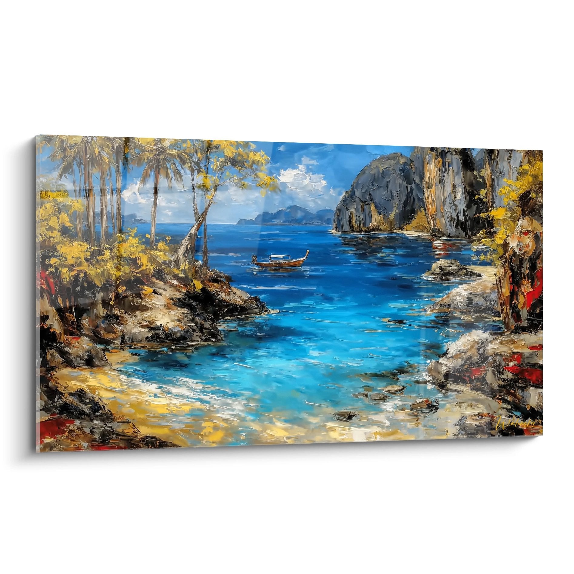 Tableau mural crique tropicale avec eaux turquoise, palmiers et bateau, décoration plage contemporaine