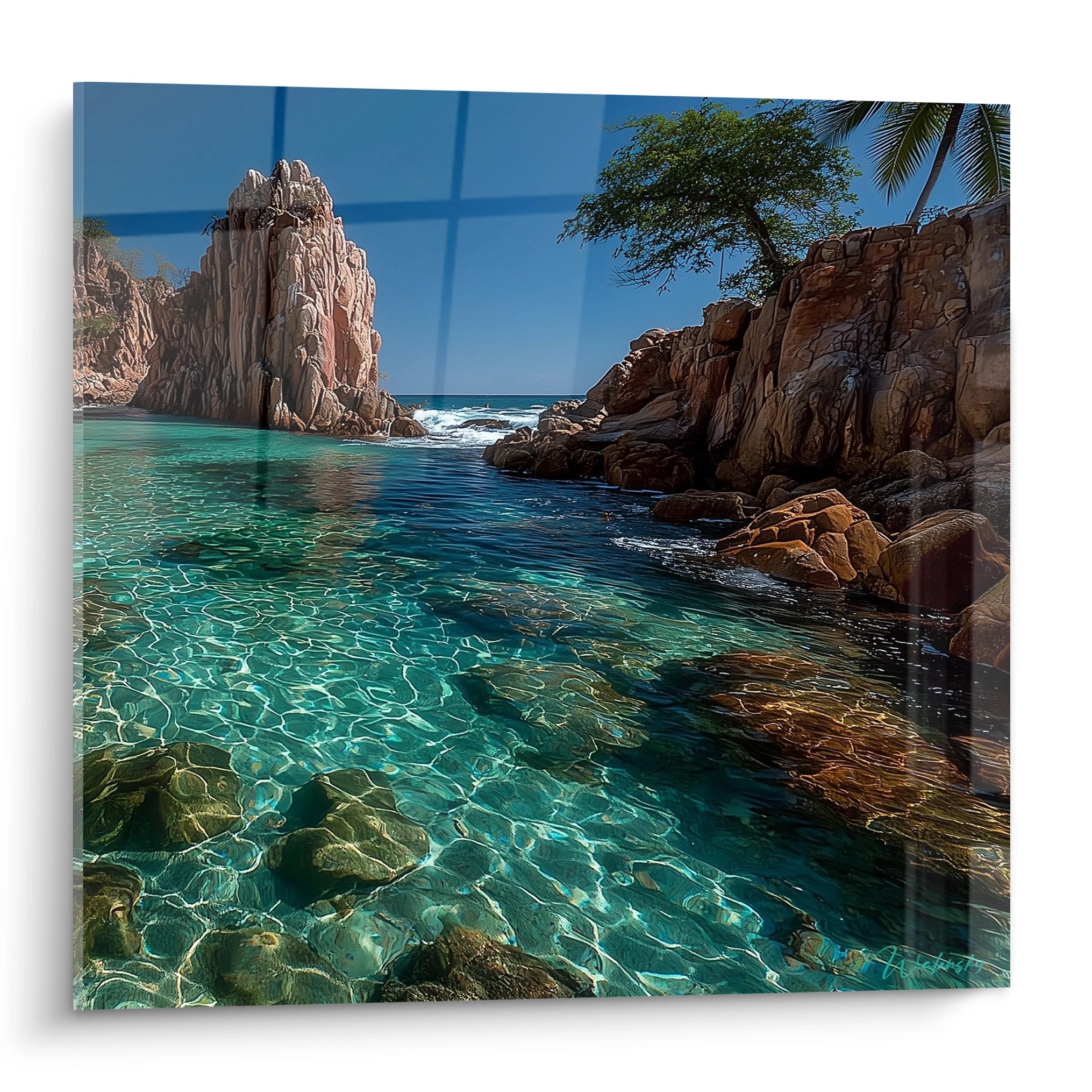 Tableau mural crique tropicale eaux turquoise cristallines rochers dorés palmier décoration plage