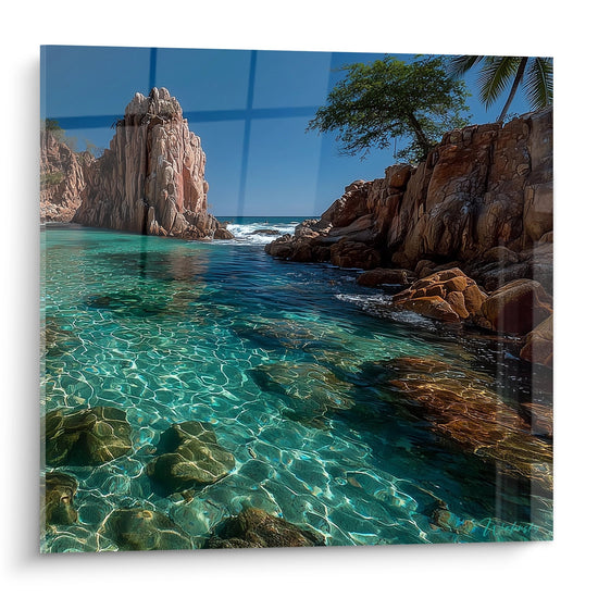 Quadro murale insenatura tropicale acque turchesi cristalline rocce dorate palma decorazione spiaggia