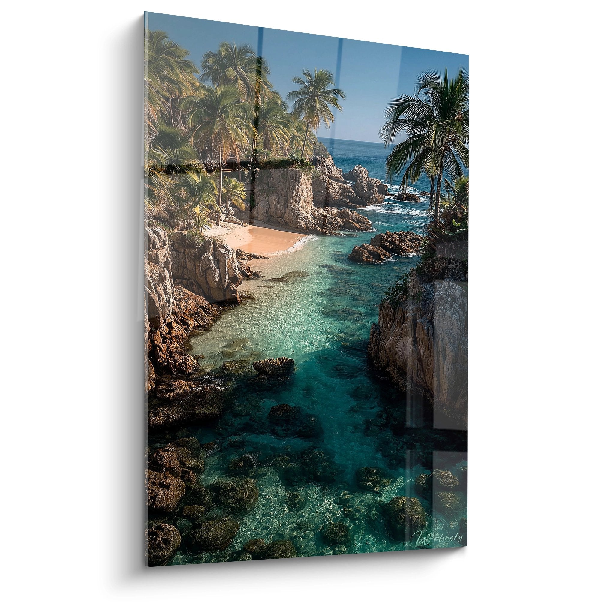 Tableau mural crique tropicale avec lagon turquoise, palmiers et plage de sable fin entre rochers