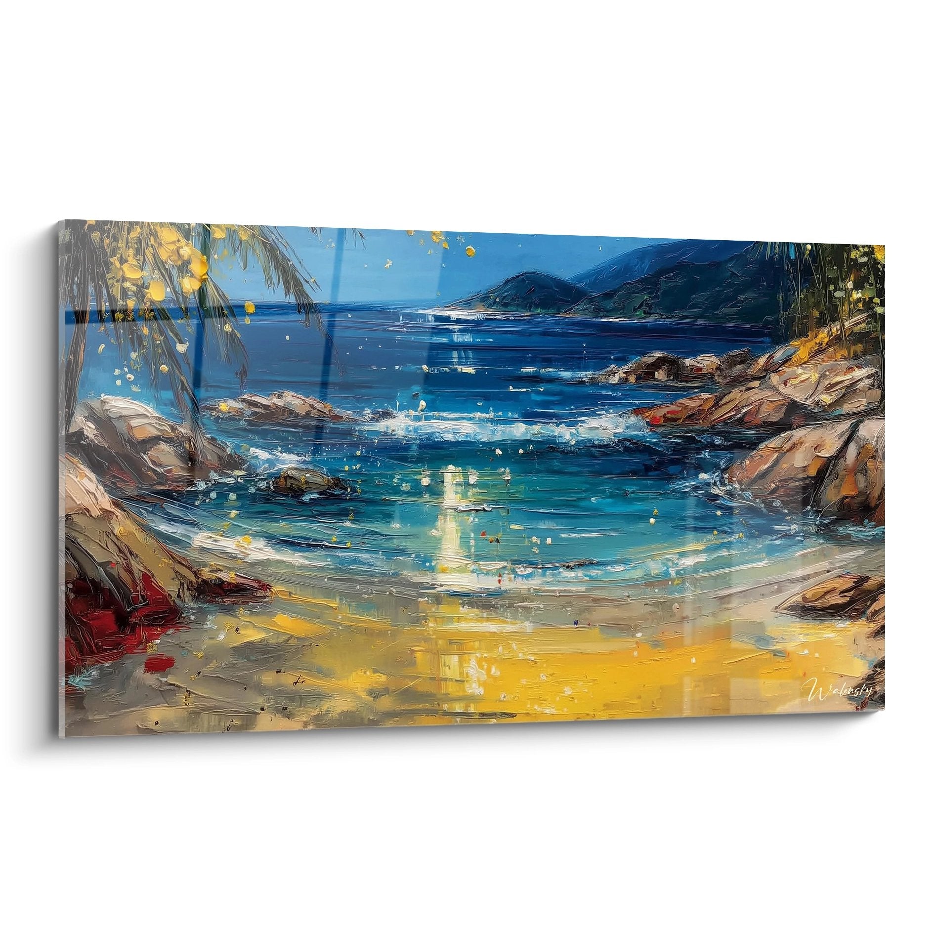 Tableau mural crique tropicale avec palmiers et eaux turquoise, peinture paysage côtier décoratif