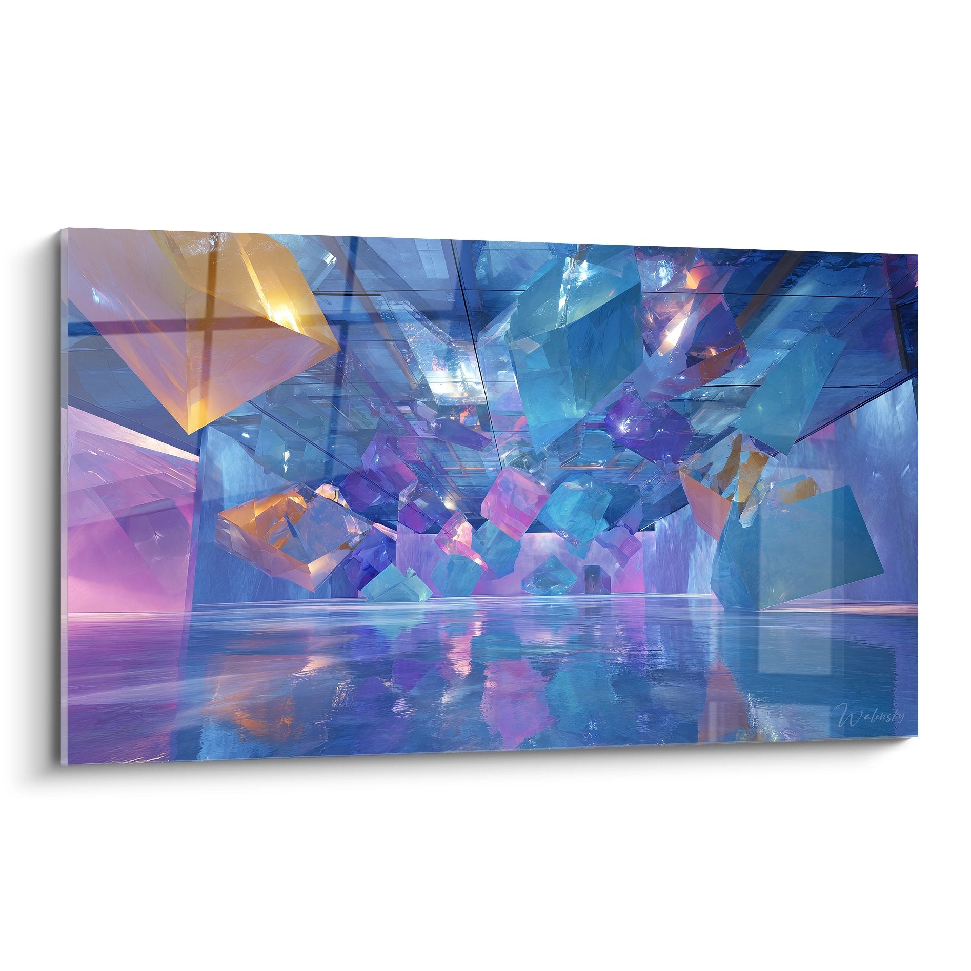 Tableau mural cristaux architecture futuriste aux reflets bleus violets et fragments géométriques flottants