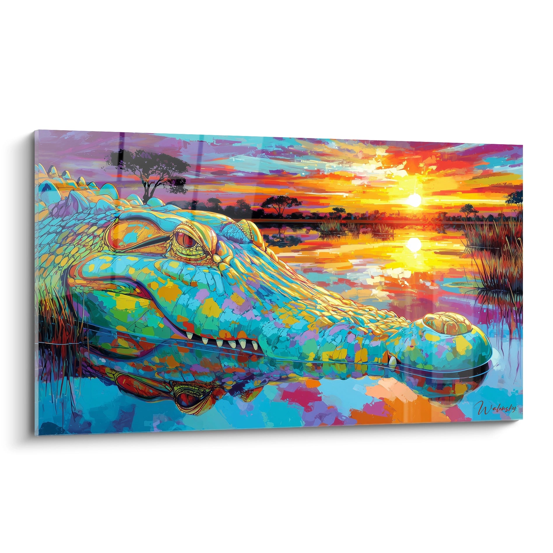 Tableau crocodile coloré dans paysage africain coucher soleil art contemporain