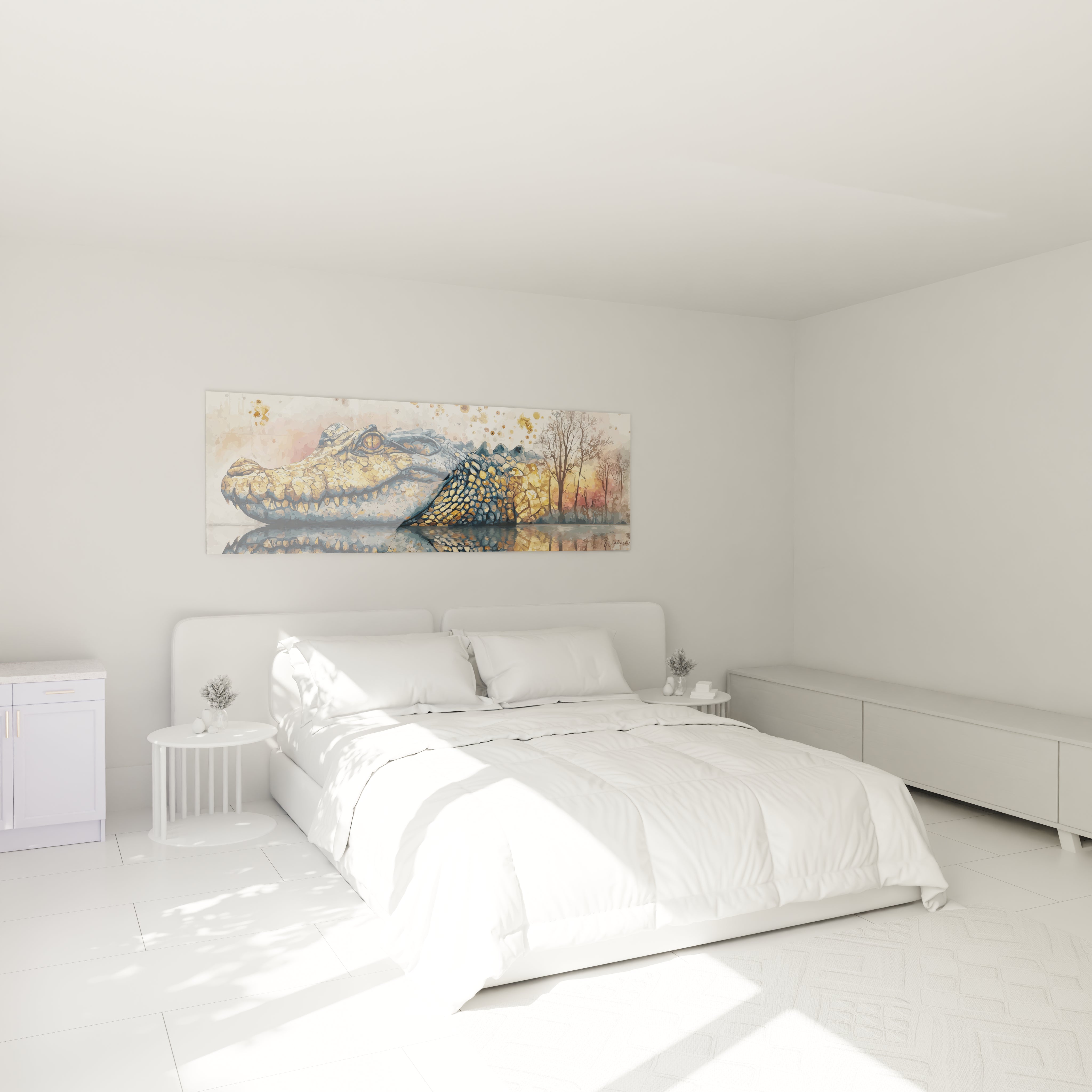 Tableau mural crocodile doré installé dans chambre moderne, décoration art animalier