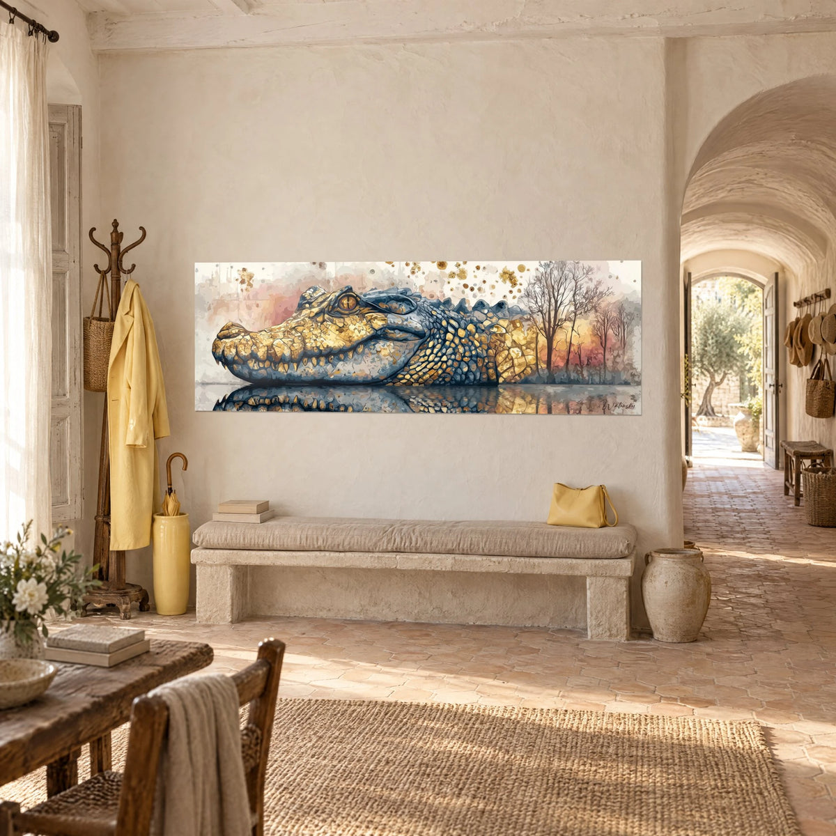 Tableau reptile géant à l'œil ambré, arbres nus rosés et or se reflétant sur l'eau, face à une arche du mas provençal