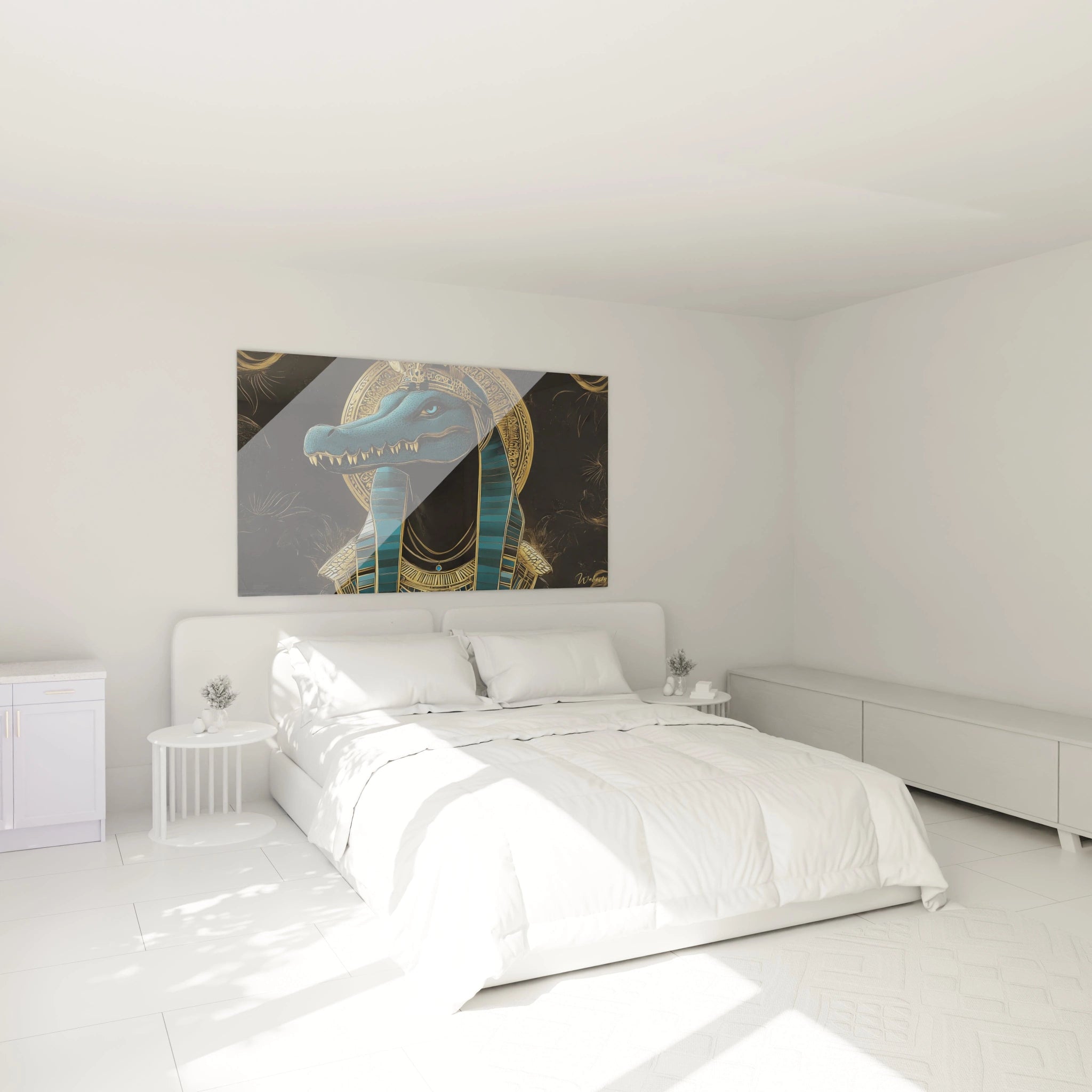 Tableau mural Egypte de Walensky représentant un dieu crocodile avec des motifs dorés dans une chambre moderne