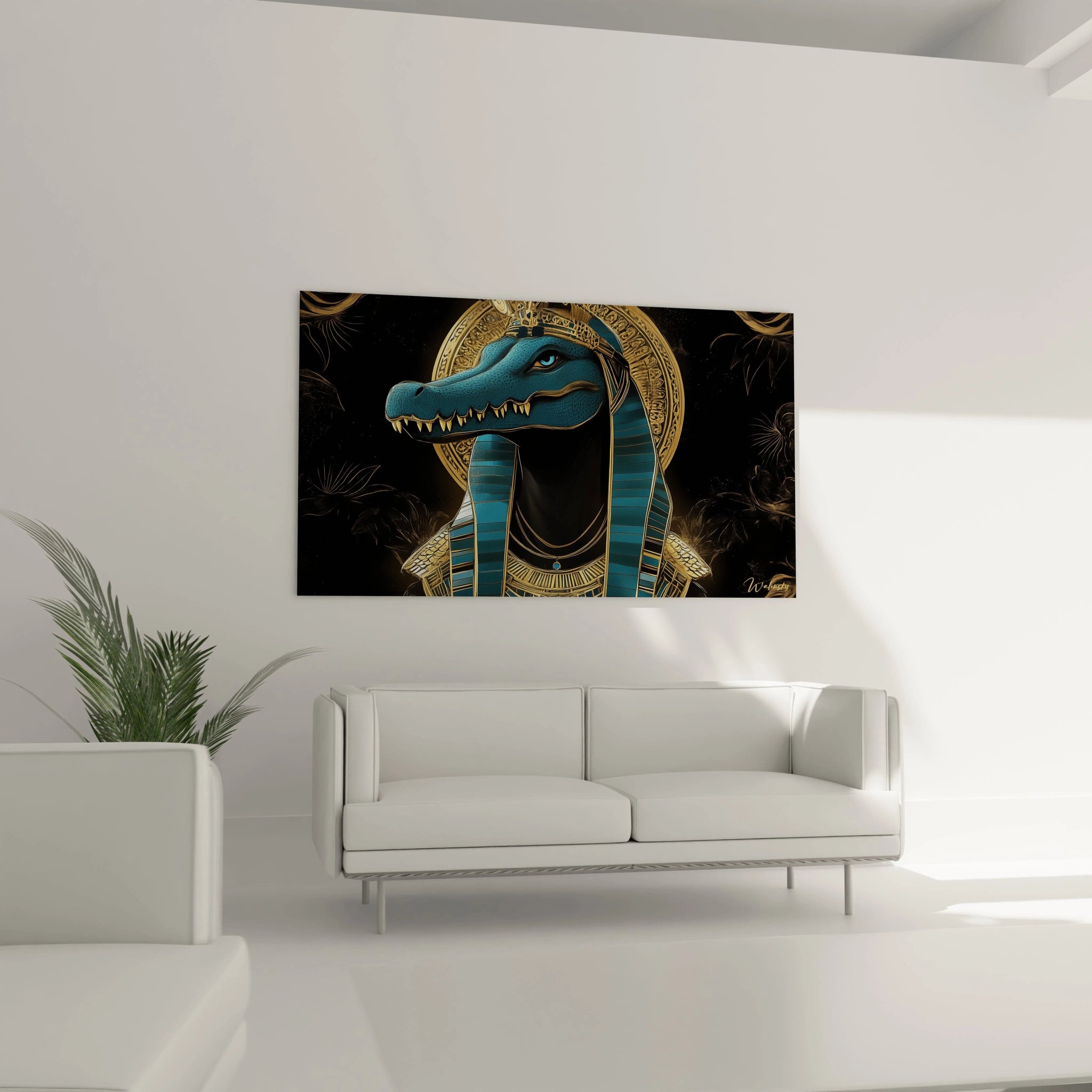 Tableau mural Egypte Walensky représentant un crocodile bleu avec ornement doré sur fond noir