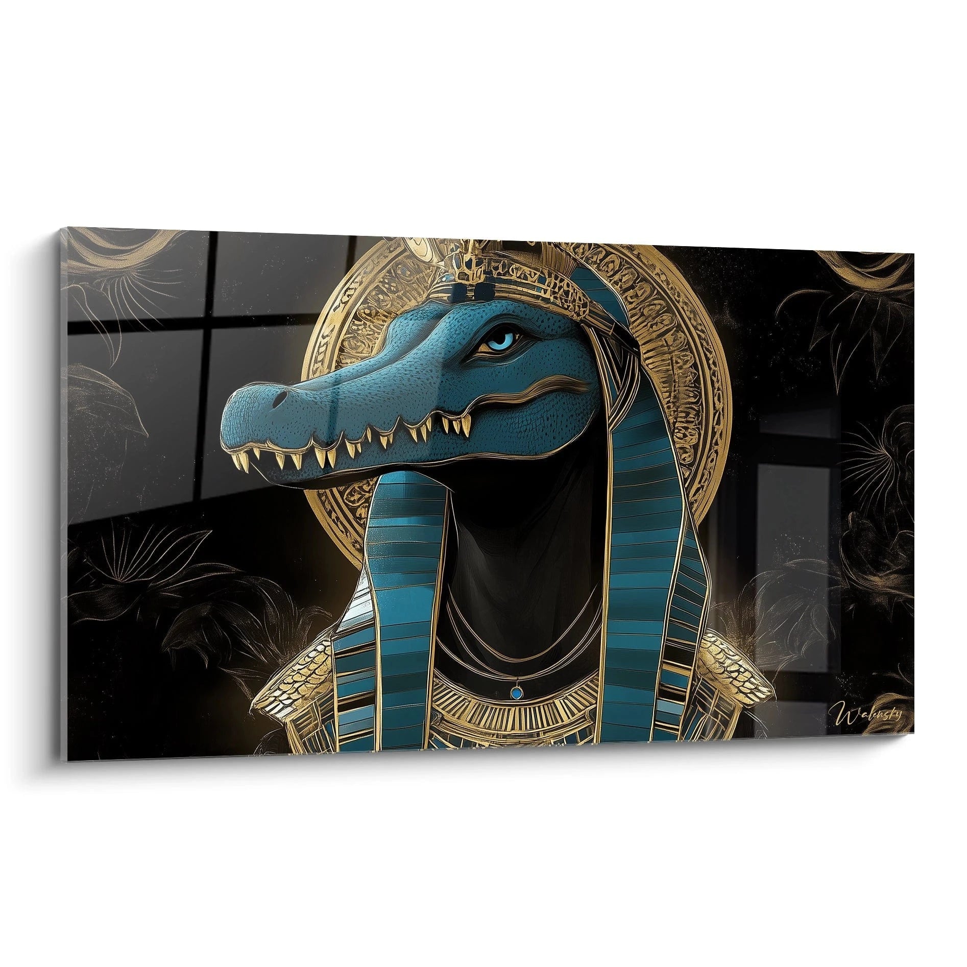 Tableau Égypte mural Walensky représentant un dieu crocodile égyptien avec ornement doré et fond noir