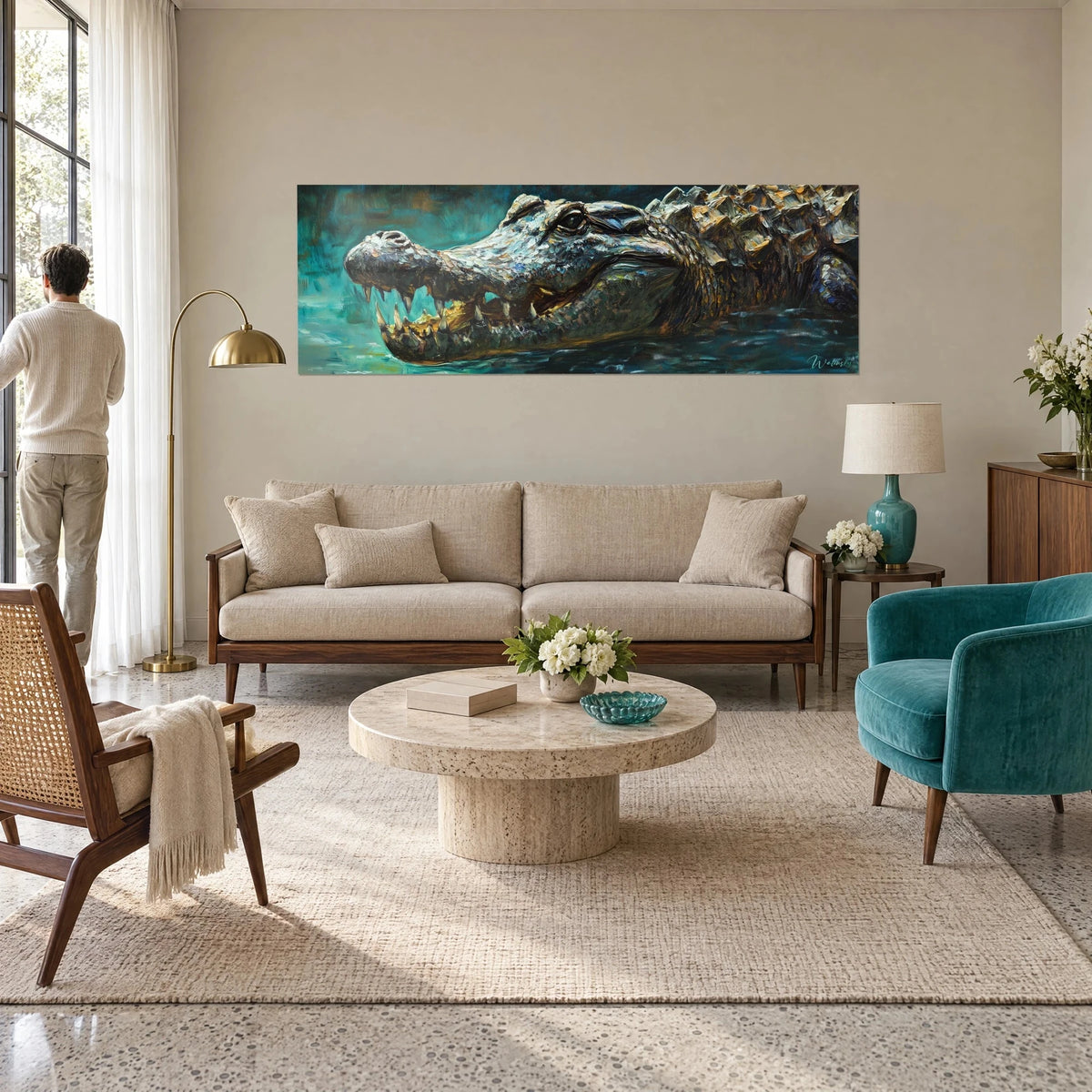 Wall art crocodile with blue-green and gold-tinged scales, jaws slightly open above turquoise water, hanging above a sofa in a bright living room