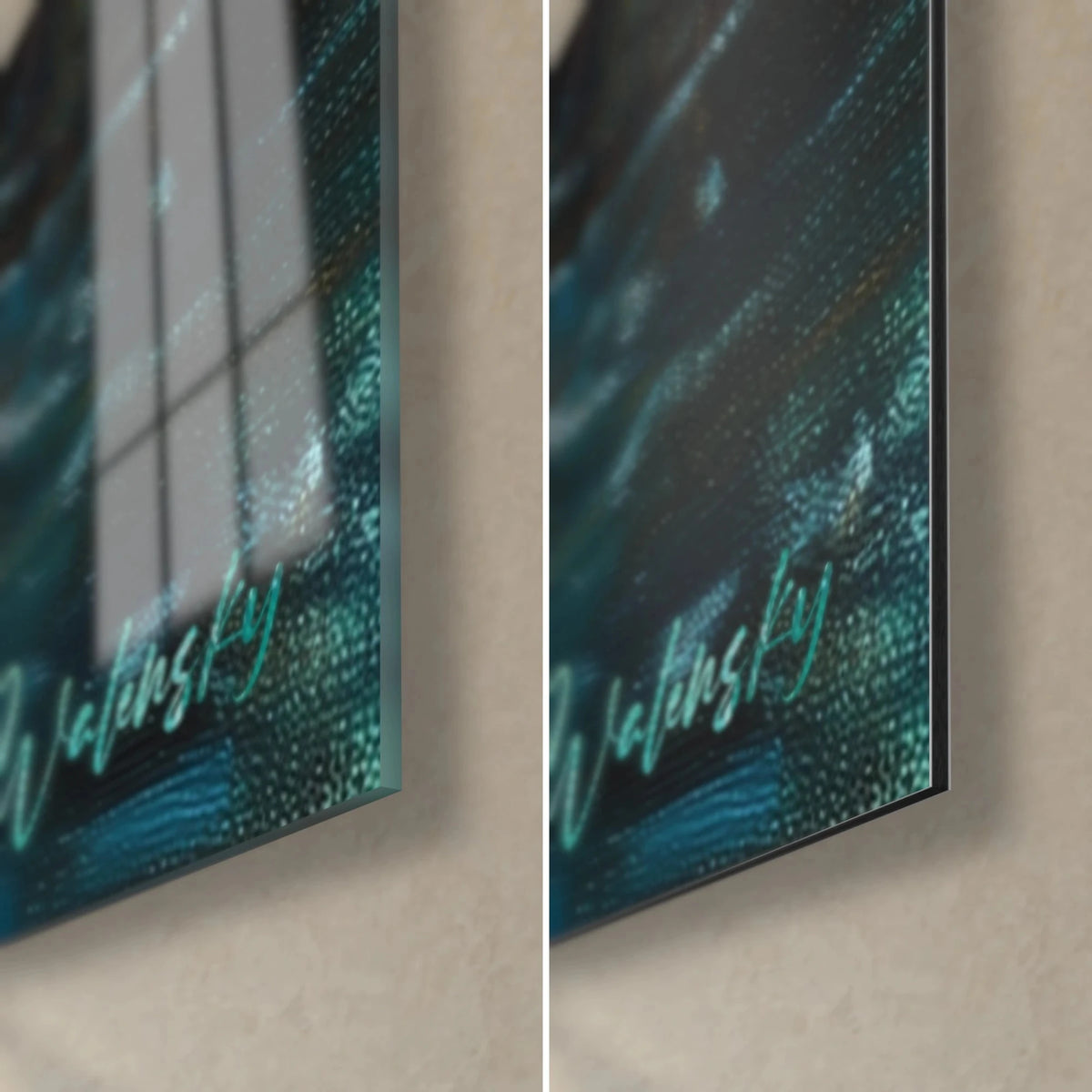 Wall art alligator in thick impasto, bottom right corner: glossy acrylic glass on the left, matte black Dibond on the right, turquoise signature