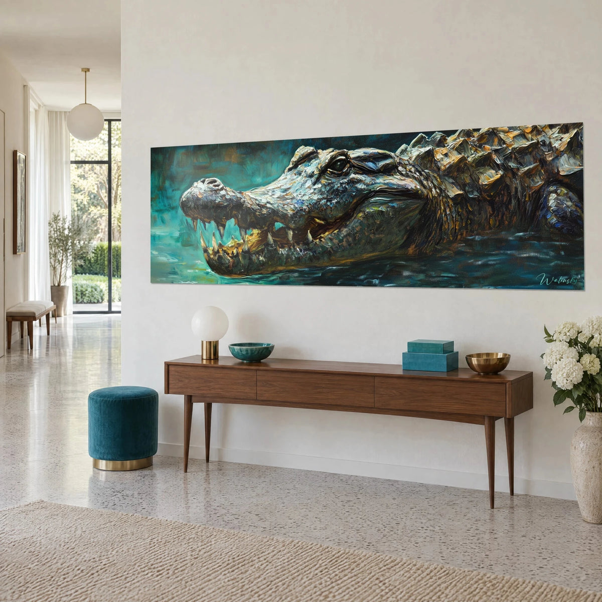 Wall art reptile with ivory teeth and an ochre, bristling back, submerged in dark water, on a white wall above a wooden console