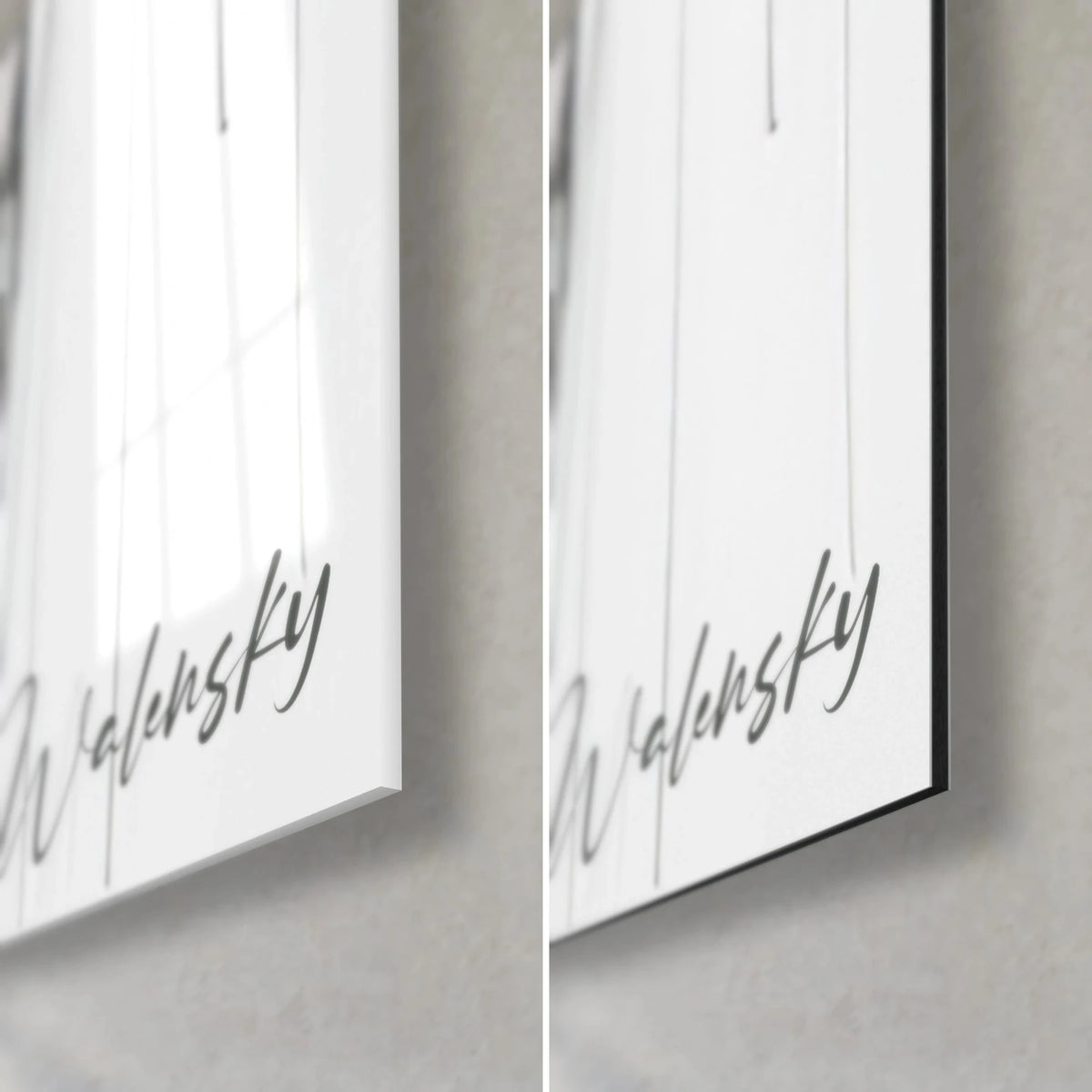Gemälde Bleistiftporträt eines eleganten Mannes, schwarze Walensky-Signatur, glänzende Glasecke unten rechts und mattes graues Dibond