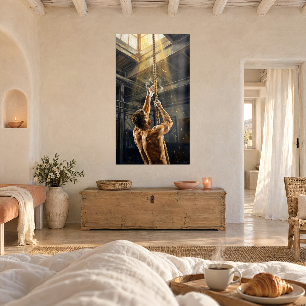 Wall art twisted rope climbed by a sunkissed back, yellow light falling from blue-tinted skylights, above a bed in a light bedroom