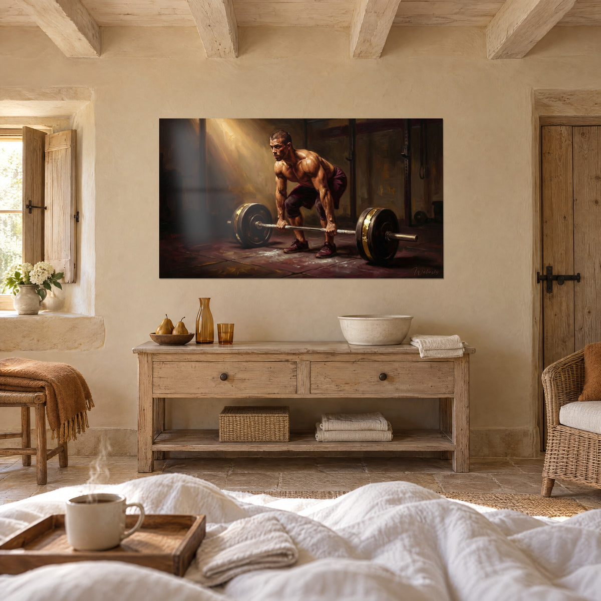 Gemälde eines Kraftsportlers beim Deadlift, schwarze, golden akzentuierte Gewichtsscheiben und bordeauxroter Boden, über einem Bett in einem hellen Schlafzimmer