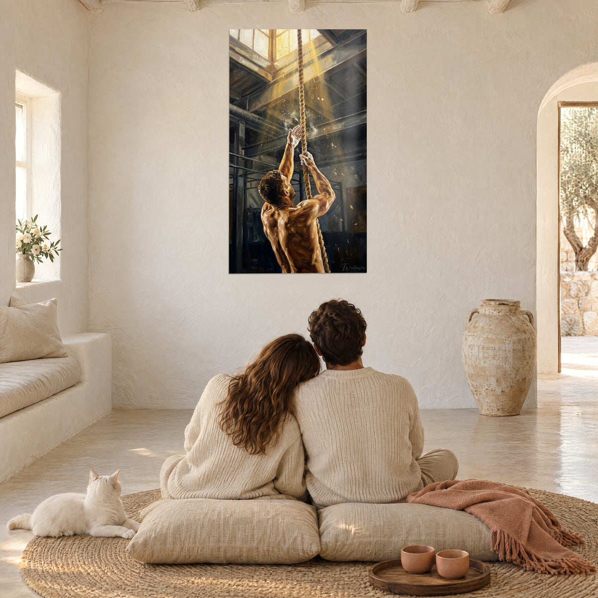 Wall art climber's effort with golden harness, ochre torso on anthracite background, above a couple and a cat in a stone living room