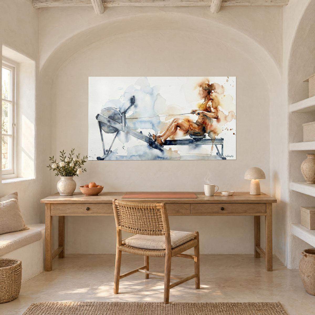 Quadro vogatore e gambe tese, velatura grigio azzurro e rame, appeso sopra una scrivania in legno sotto una finestra ad arco