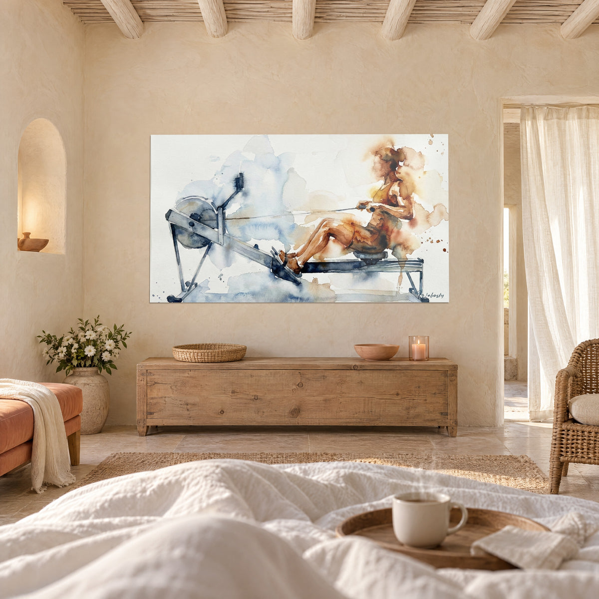 Quadro crossfitter sul suo vogatore, acquerello blu ardesia e marrone ramato, sopra un letto in una camera luminosa
