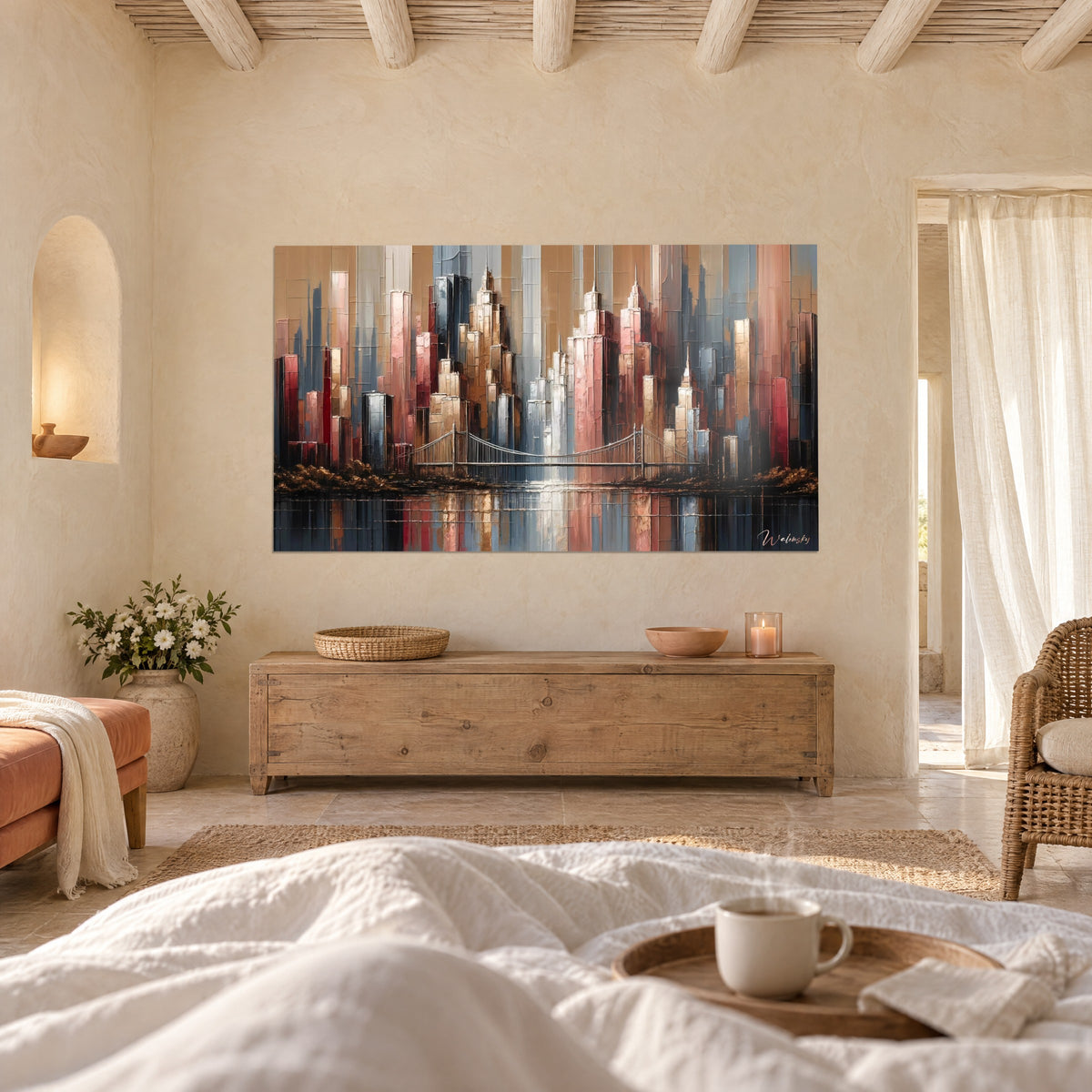 Tableau tours cubistes rose et bleu ardoise, pont aux câbles argentés, au-dessus d'un lit dans une chambre claire