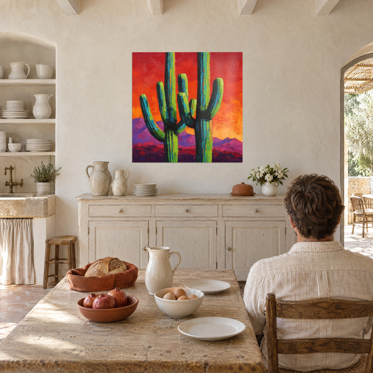 Tableau colonnes de cactus en pâte épaisse, jaune-vert et noir, sur ciel carmin et montagnes violettes, près d'une table de cuisine rustique