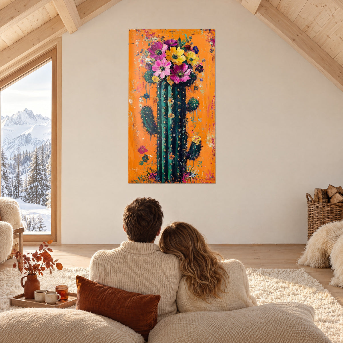 Gemälde florale Explosion in Rosa und Gelb auf dunkelgrünem Kaktus, orangefarbener Hintergrund, umschlungenes Paar von hinten, Chaletwohnzimmer