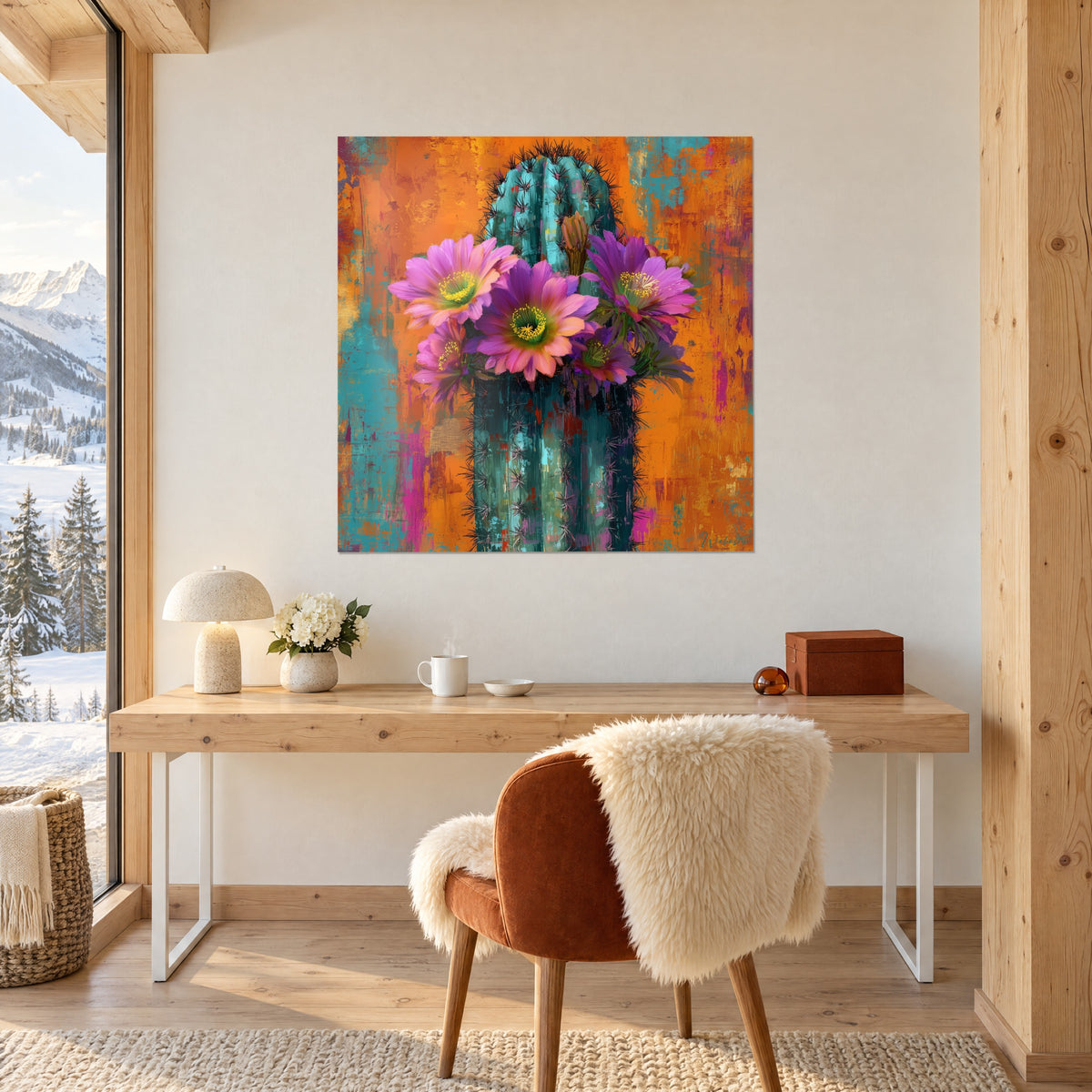 Cuadro cactus gigante en flor rosa púrpura, toques turquesa sobre fondo naranja texturizado, encima de un escritorio de madera clara