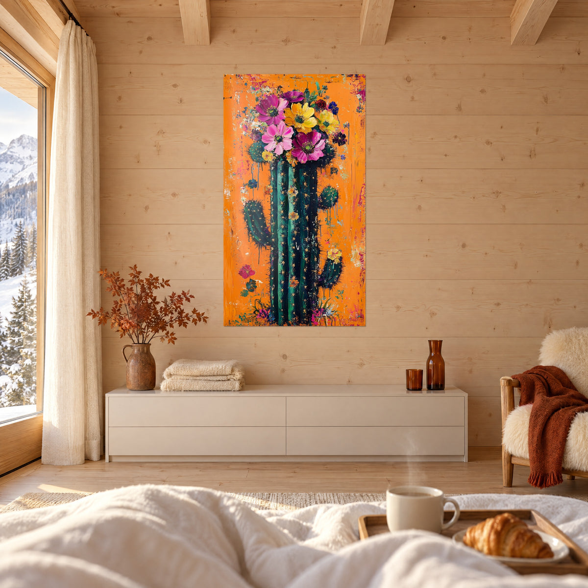 Gemälde Blumenstrauß in Magenta und Gelb auf tiefgrünem Kaktus, strukturierter orangefarbener Hintergrund, über einem Bett in einem hellen Schlafzimmer