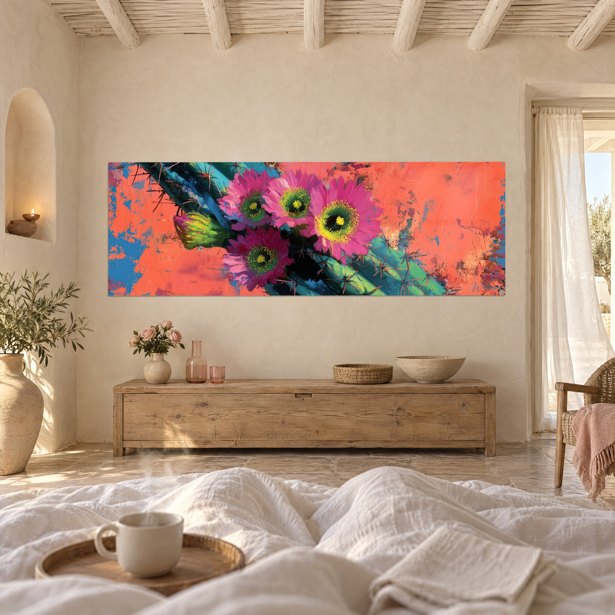 Πίνακας floral έκρηξη σε ροζ και κίτρινο σε έντονο πορτοκαλί και μπλε φόντο, πάνω από κρεβάτι σε φωτεινή κρεβατοκάμαρα