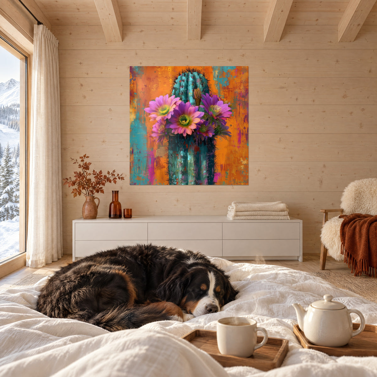 Cuadro tallo de cactus turquesa coronado por flores magenta, fondo anaranjado, encima de una cama en un dormitorio luminoso