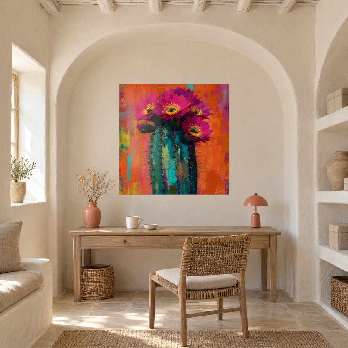 Cuadro cactus en flor pintado con espátula, pétalos magenta y tronco turquesa sobre naranja, en la hornacina abovedada de un despacho