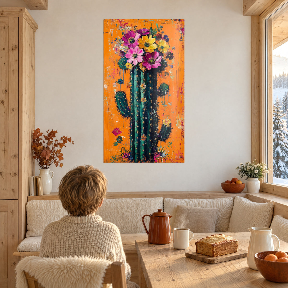 Gemälde riesiger blühender Kaktus mit dicken Pinselstrichen in leuchtendem Orange und Smaragdgrün, Kind von hinten, Chalet