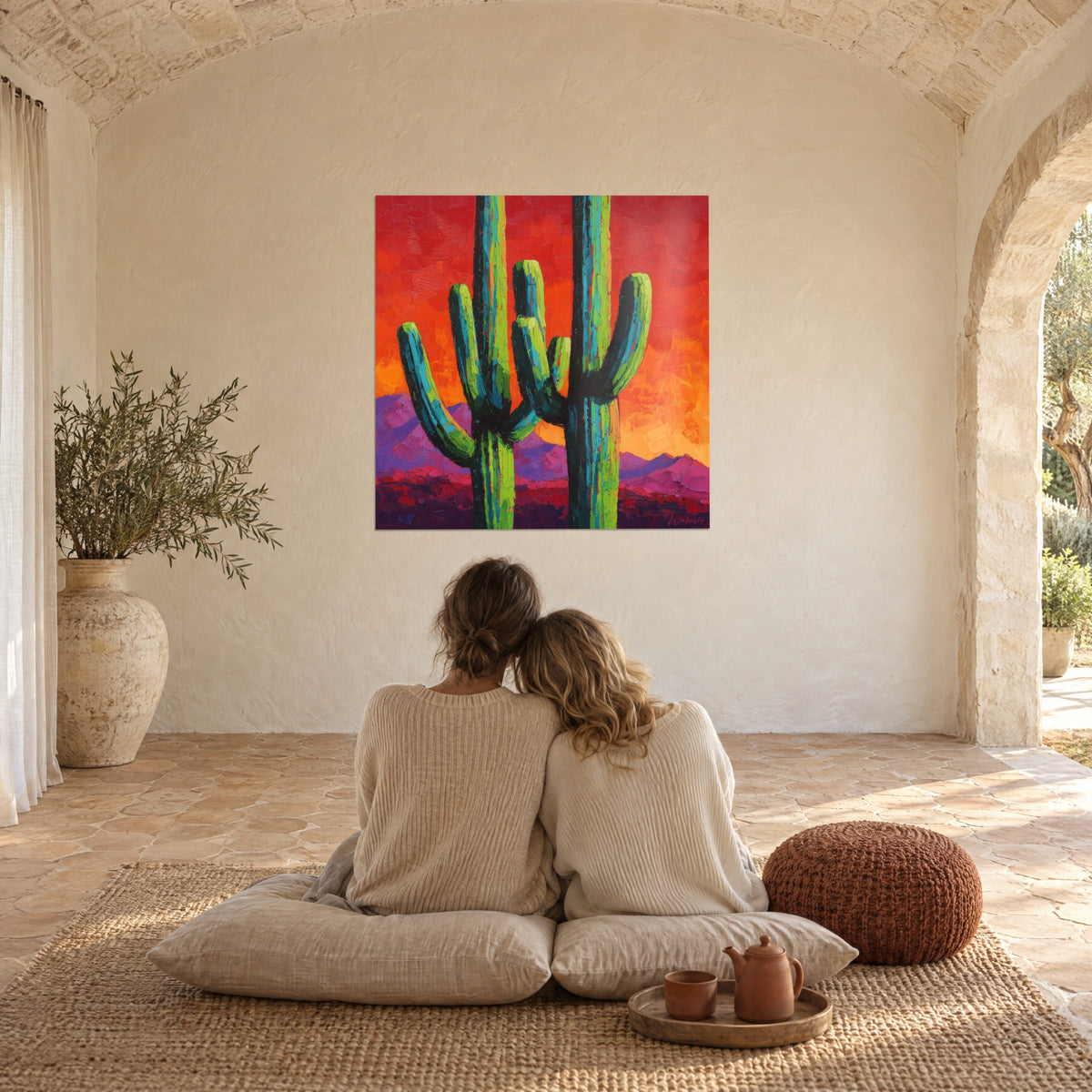 Tableau silhouettes de saguaros vert acide et turquoise sur ciel écarlate et or, vu par un couple assis au sol dans un salon voûté