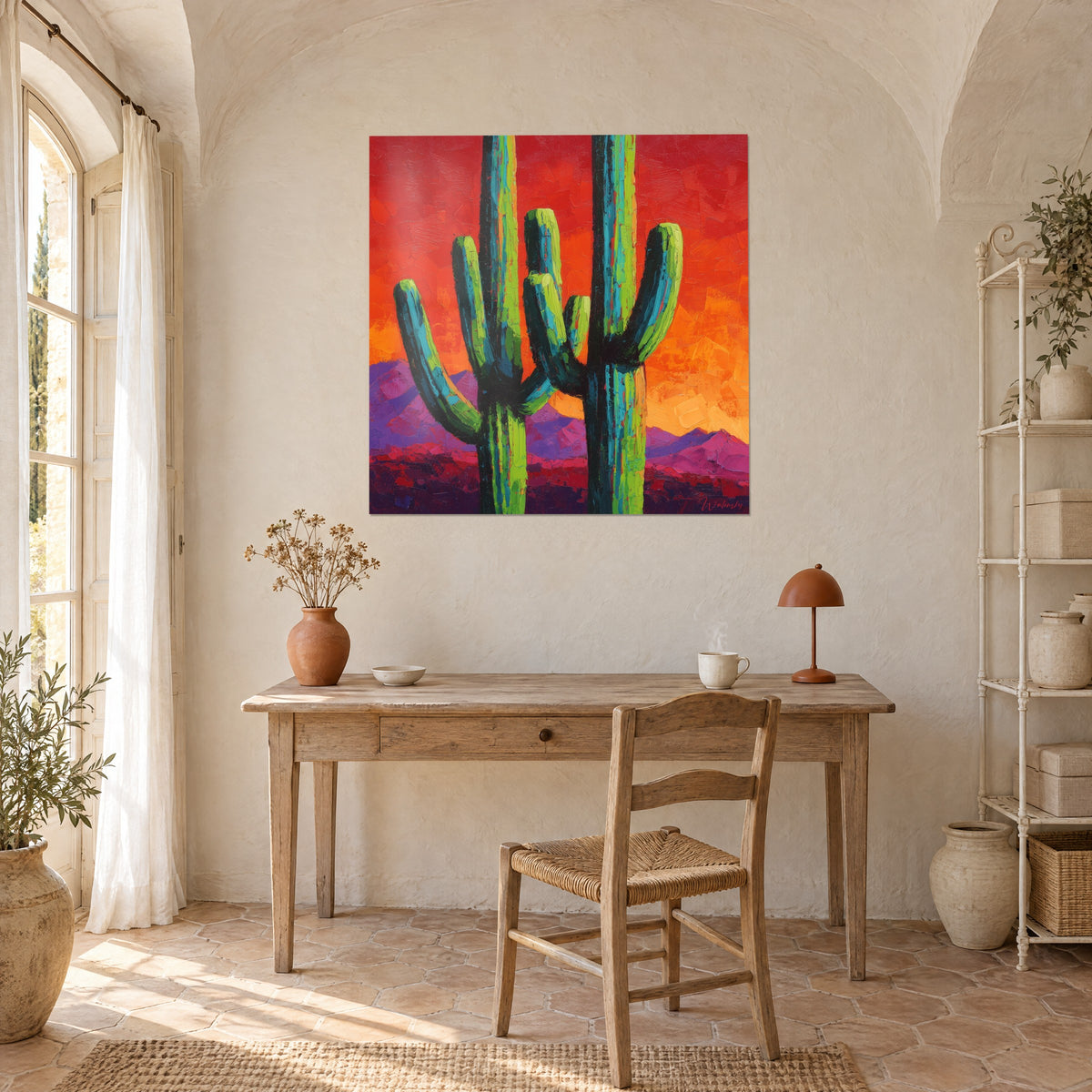 Tableau paysage désertique stylisé, cactus vert lime sur horizon orange et collines pourpres, accroché au-dessus d'un bureau en bois clair