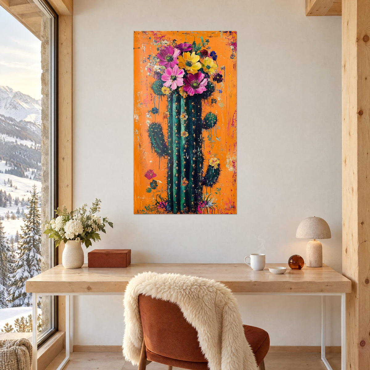 Gemälde stachelige Sukkulente mit purpurnen und goldenen Blüten auf strahlend orangefarbenem Hintergrund, weiße Wand eines Chaletbüros