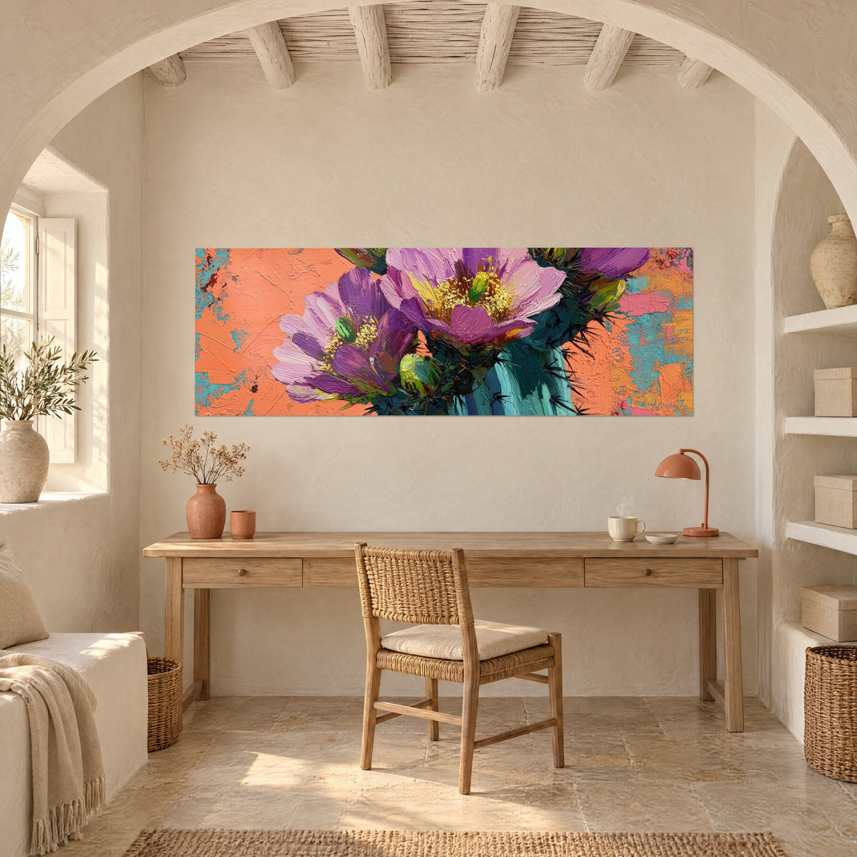Schilderij panoramisch paarse cactusbloemen, koraalkleurige achtergrond met eendblauwe strepen, boven een bureau van licht hout