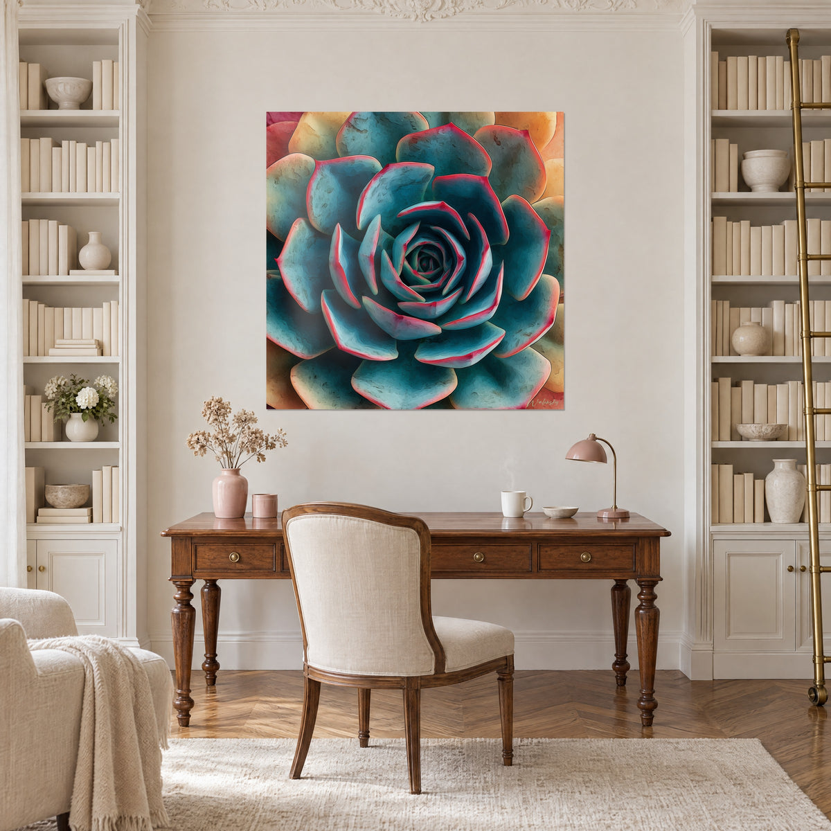 Schilderij plantenmandala van vlezige blauwgroene bladeren omlijnd met roze, goudoranje rand, tussen twee boekenkasten van een kantoor