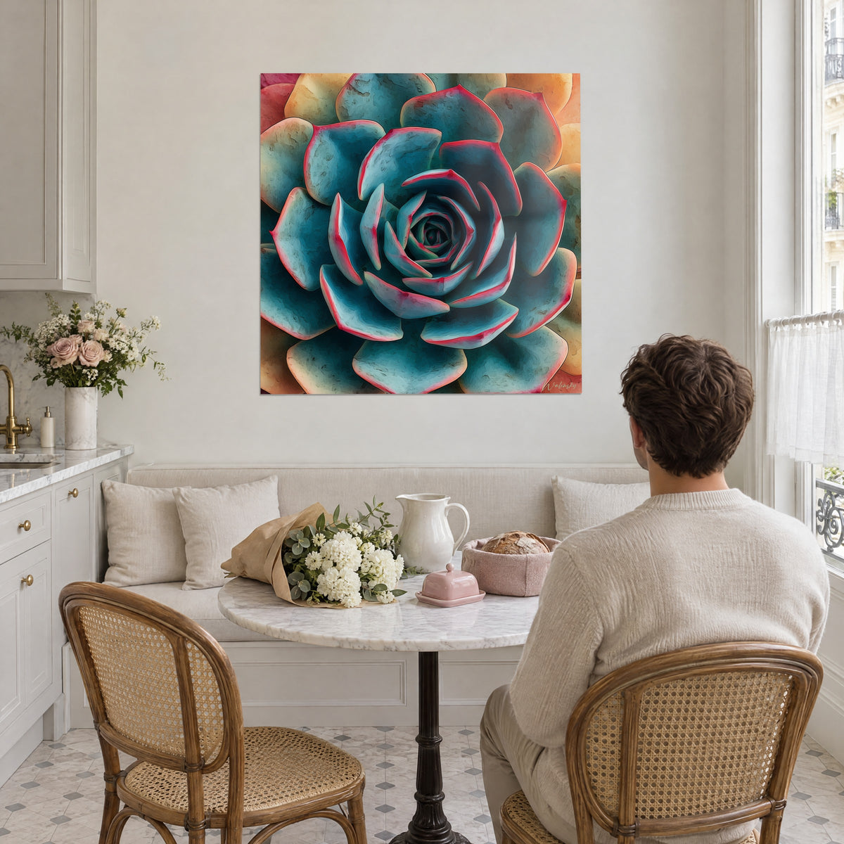Schilderij vetplanthart in concentrische cirkels van eendblauw en kersenrood, tegenover een man aan tafel in een Haussmann-keuken