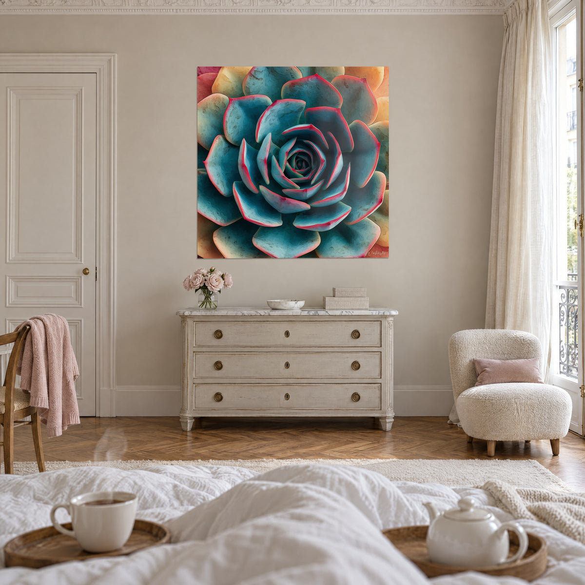 Schilderij steenbloem in een turquoise spiraal met framboosroze randen, oker- en abrikooskleurige achtergrond, boven een bed in een lichte slaapkamer