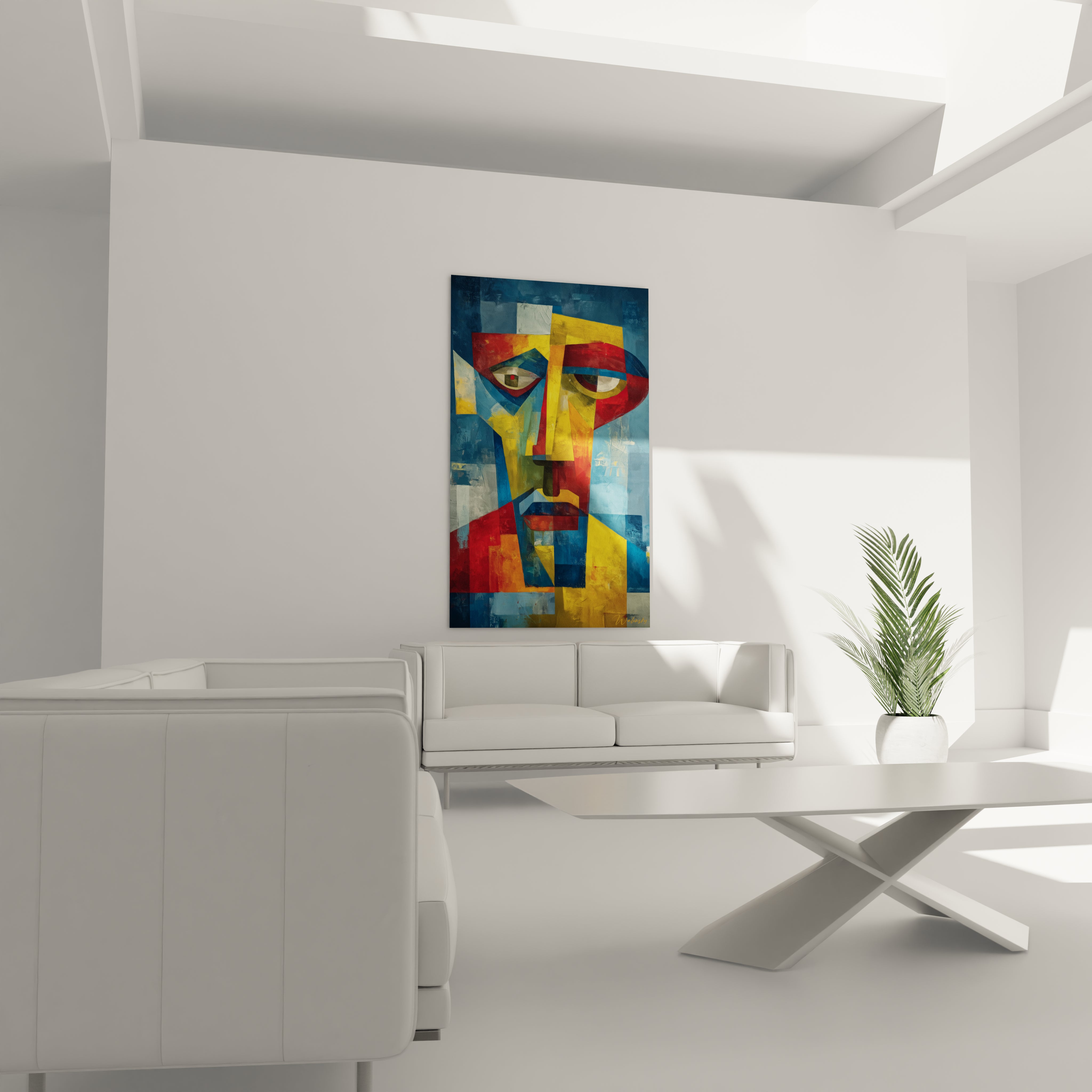 Tableau cubiste visage africain de Walensky en couleurs vives sur mur moderne
