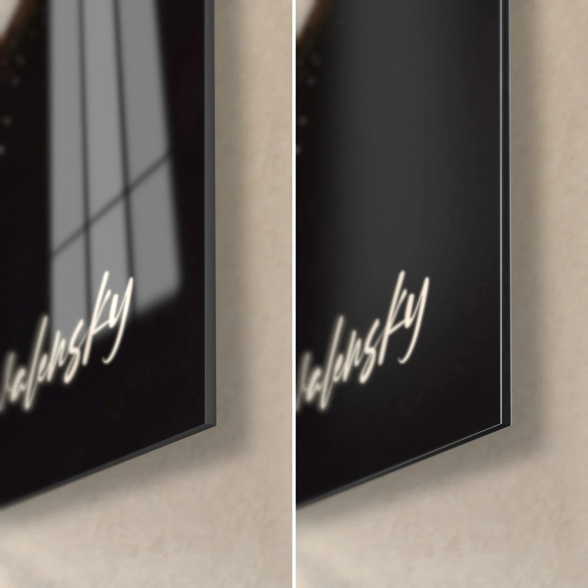 Gemälde braunes und cremefarbenes Ross, untere rechte Ecke: glänzendes Acrylglas links, mattes Dibond-Aluminium rechts, 3 mm Kante